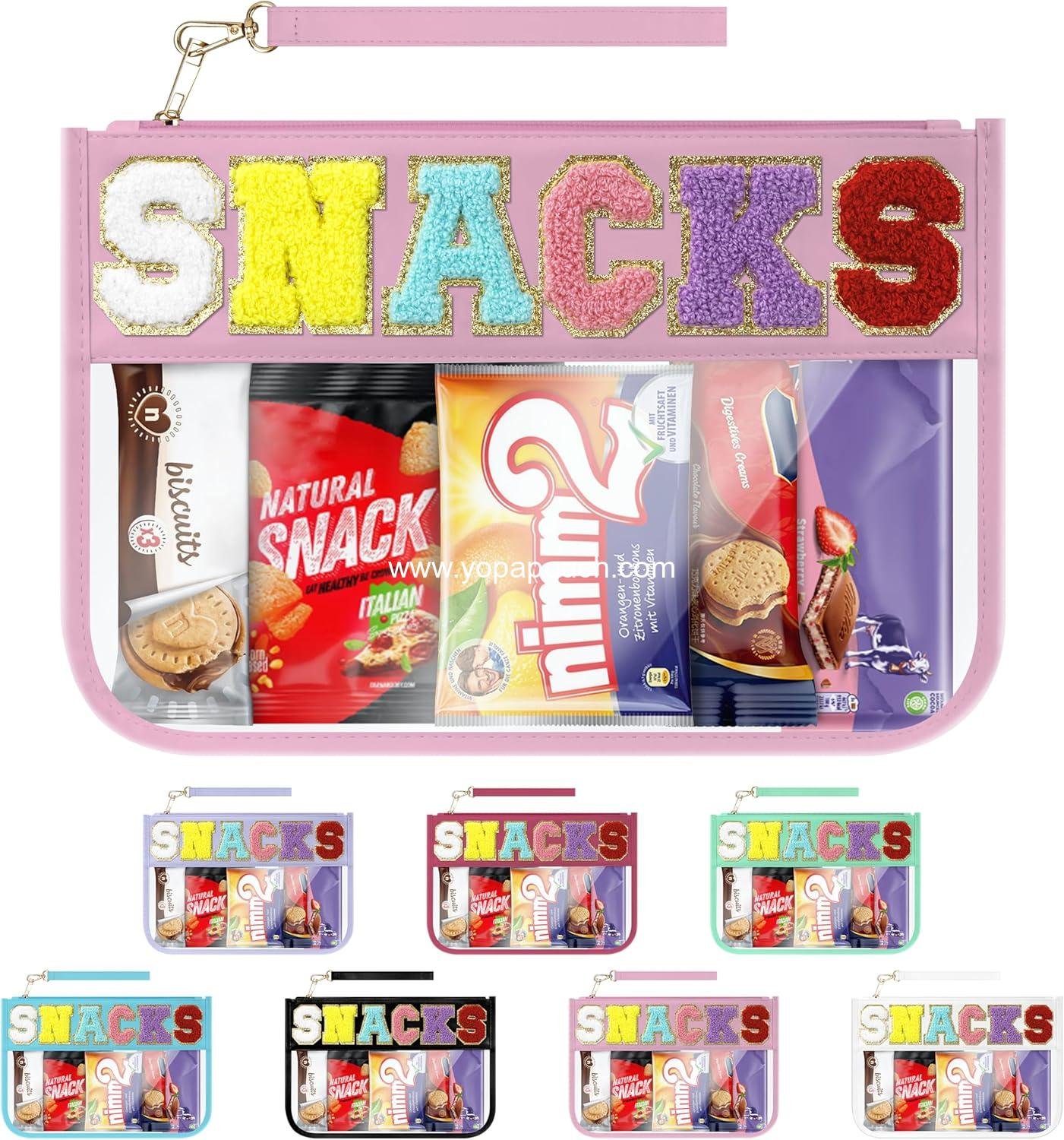 Wholesale Clear Chenille Letter Zipper Pouch Snack Bag for Travel Makeup Waterproof Cosmetic Tote Pink Supplier