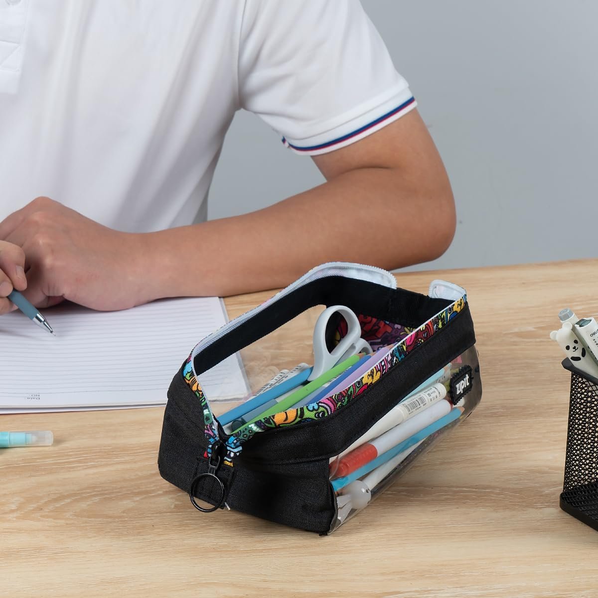 Wholesale Custom Logo Private Label Supplier Clear Doodles Large Capacity Zipper Pencil Case Pouch Colorful Makeup Stationery Bag School Office Travel Kids Teens Adults