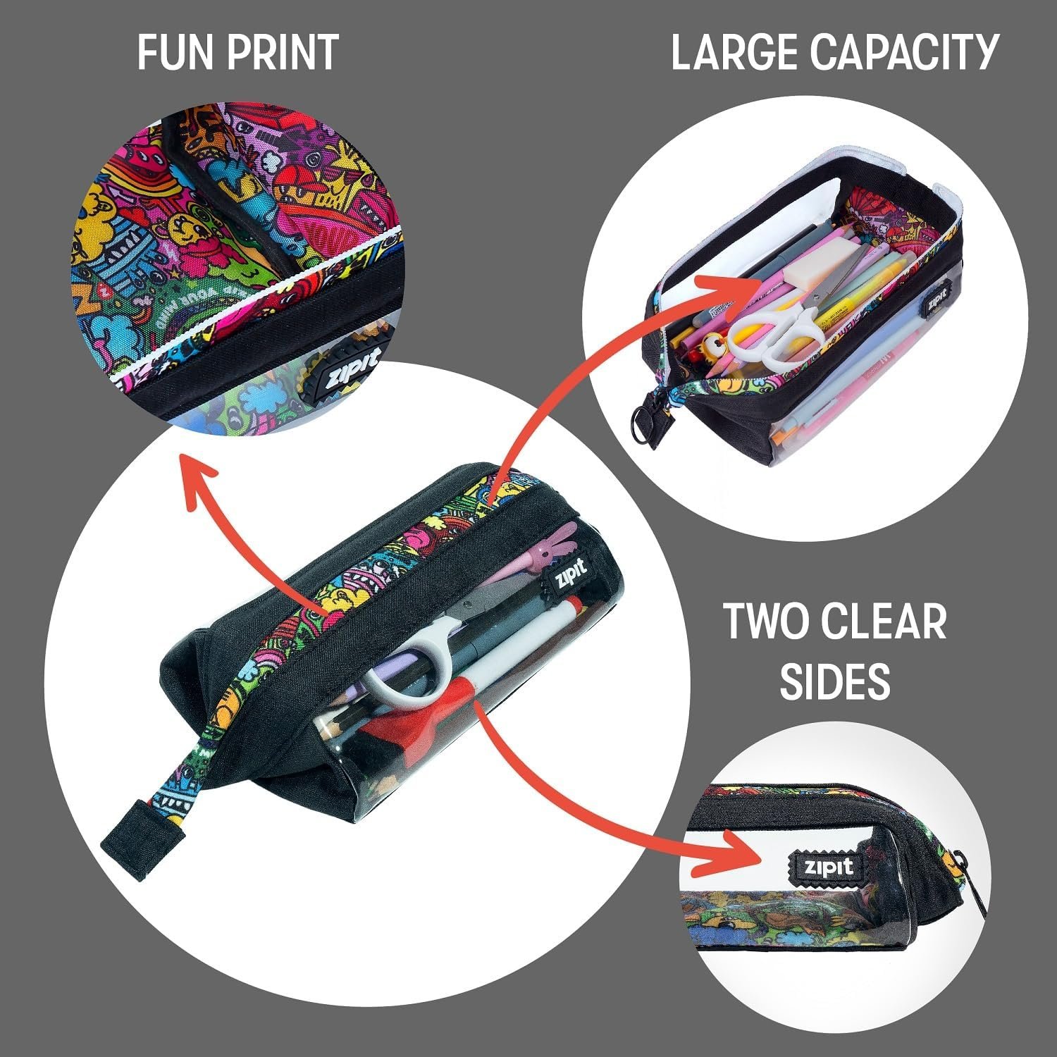 Wholesale Custom Logo Private Label Supplier Clear Doodles Large Capacity Zipper Pencil Case Pouch Colorful Makeup Stationery Bag School Office Travel Kids Teens Adults