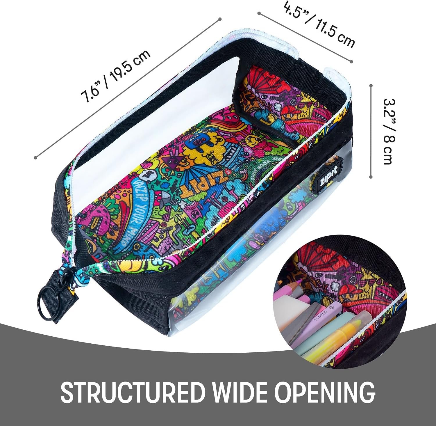 Wholesale Custom Logo Private Label Supplier Clear Doodles Large Capacity Zipper Pencil Case Pouch Colorful Makeup Stationery Bag School Office Travel Kids Teens Adults