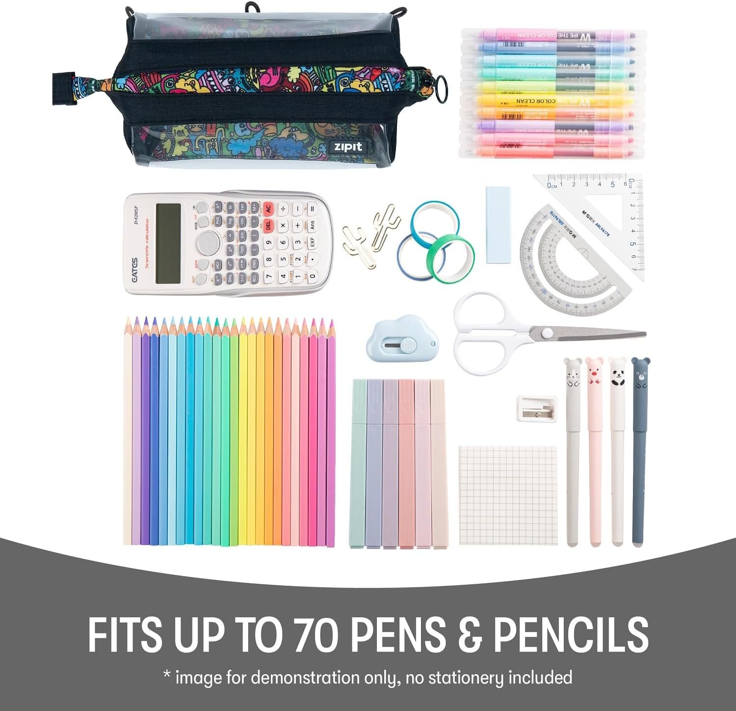 Wholesale Custom Logo Private Label Supplier Clear Doodles Large Capacity Zipper Pencil Case Pouch Colorful Makeup Stationery Bag School Office Travel Kids Teens Adults