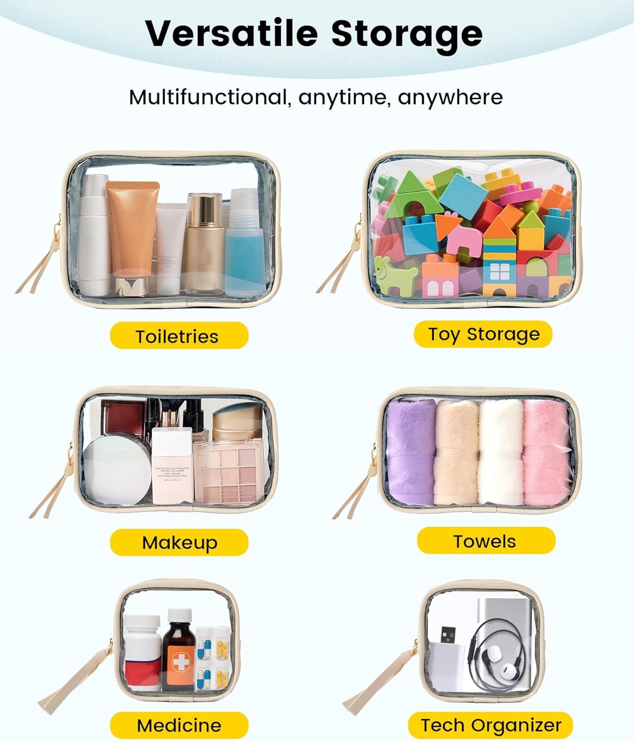 Wholesale 3 Pack Clear Travel Makeup Toiletry Bags for Women Cosmetic Organizer Zipper Pouches Beige Supplier