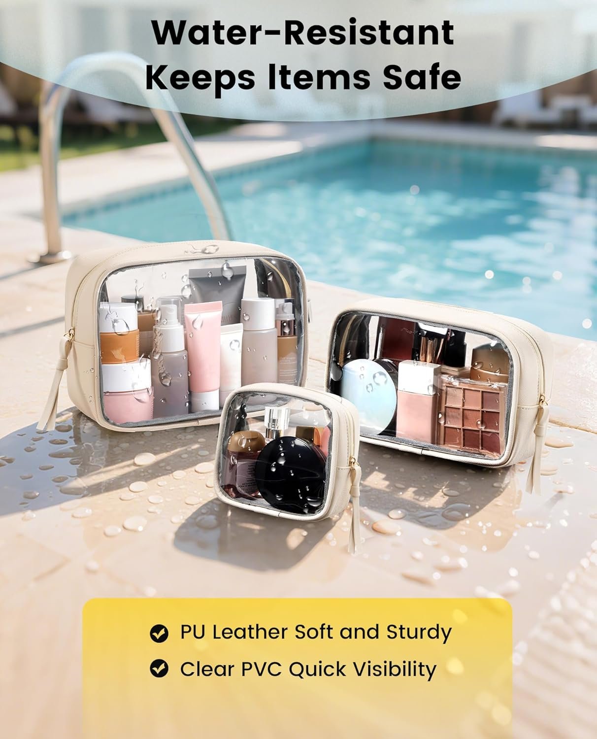 Wholesale 3 Pack Clear Travel Makeup Toiletry Bags for Women Cosmetic Organizer Zipper Pouches Beige Supplier