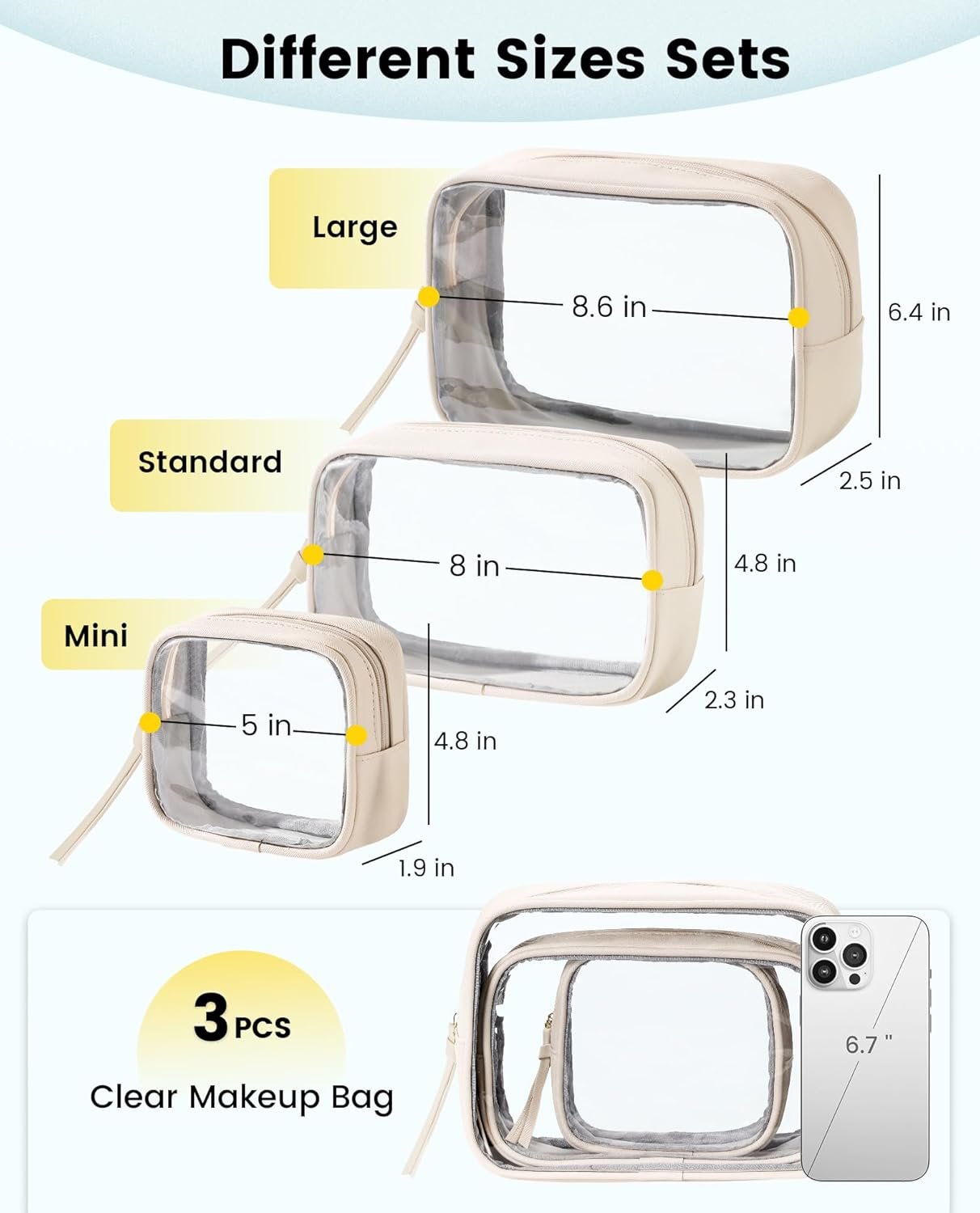 Wholesale 3 Pack Clear Travel Makeup Toiletry Bags for Women Cosmetic Organizer Zipper Pouches Beige Supplier