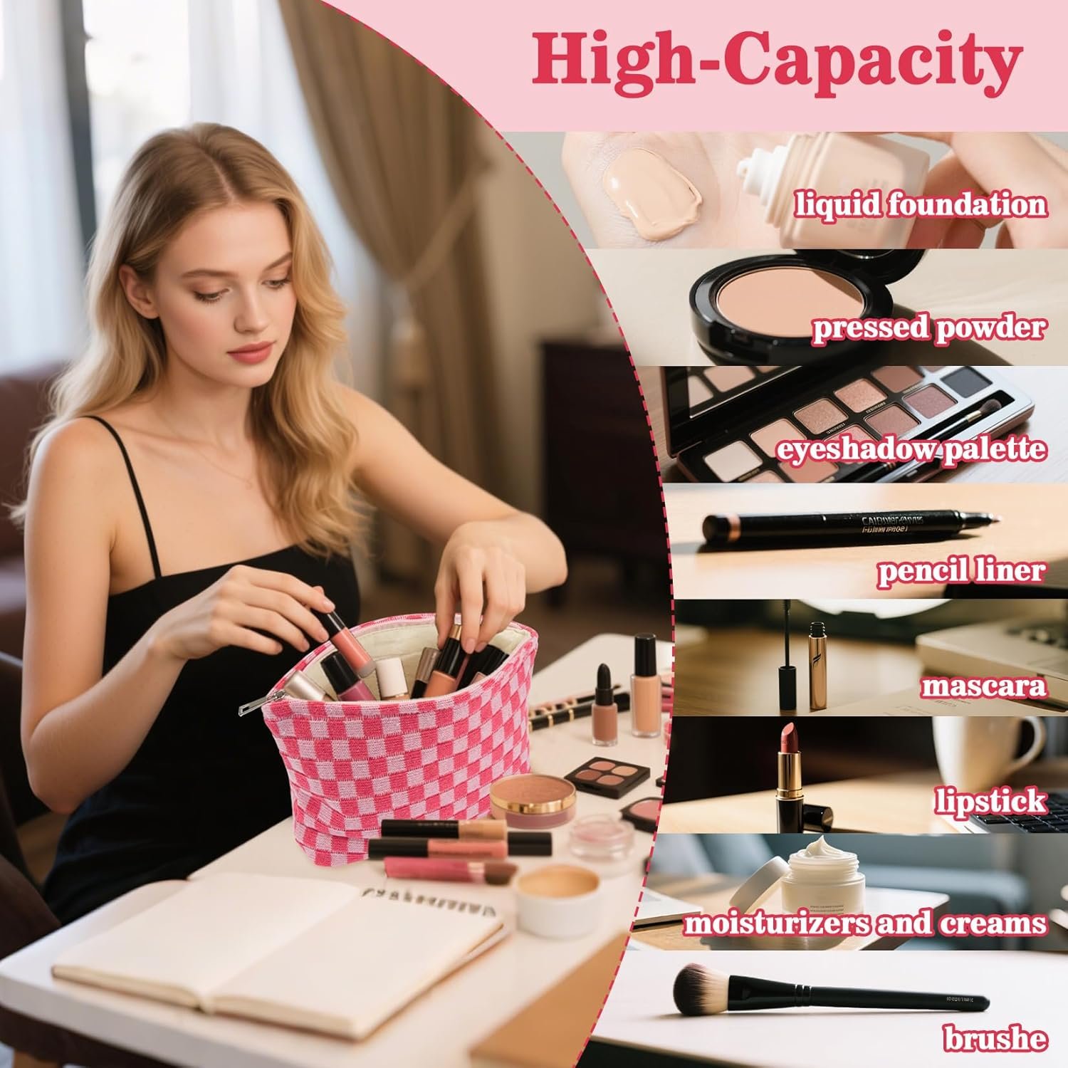 Private Label Large Checkered Makeup Bag Custom Logo Cosmetic Pouch for Women Toiletries Makeup Brushes Travel Purse Storage Supplier Rose Red