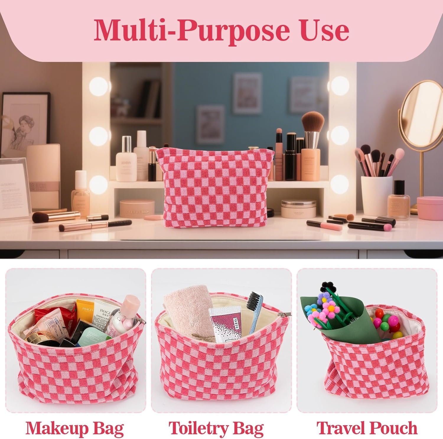 Private Label Large Checkered Makeup Bag Custom Logo Cosmetic Pouch for Women Toiletries Makeup Brushes Travel Purse Storage Supplier Rose Red