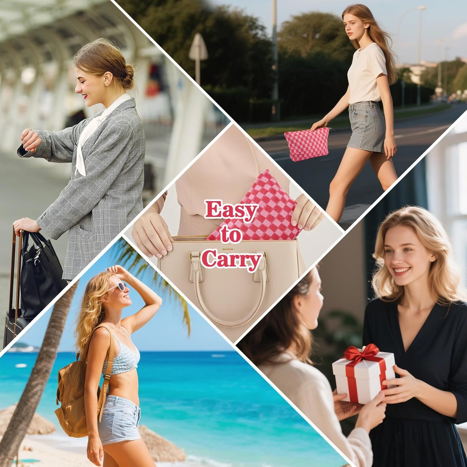 Private Label Large Checkered Makeup Bag Custom Logo Cosmetic Pouch for Women Toiletries Makeup Brushes Travel Purse Storage Supplier Rose Red