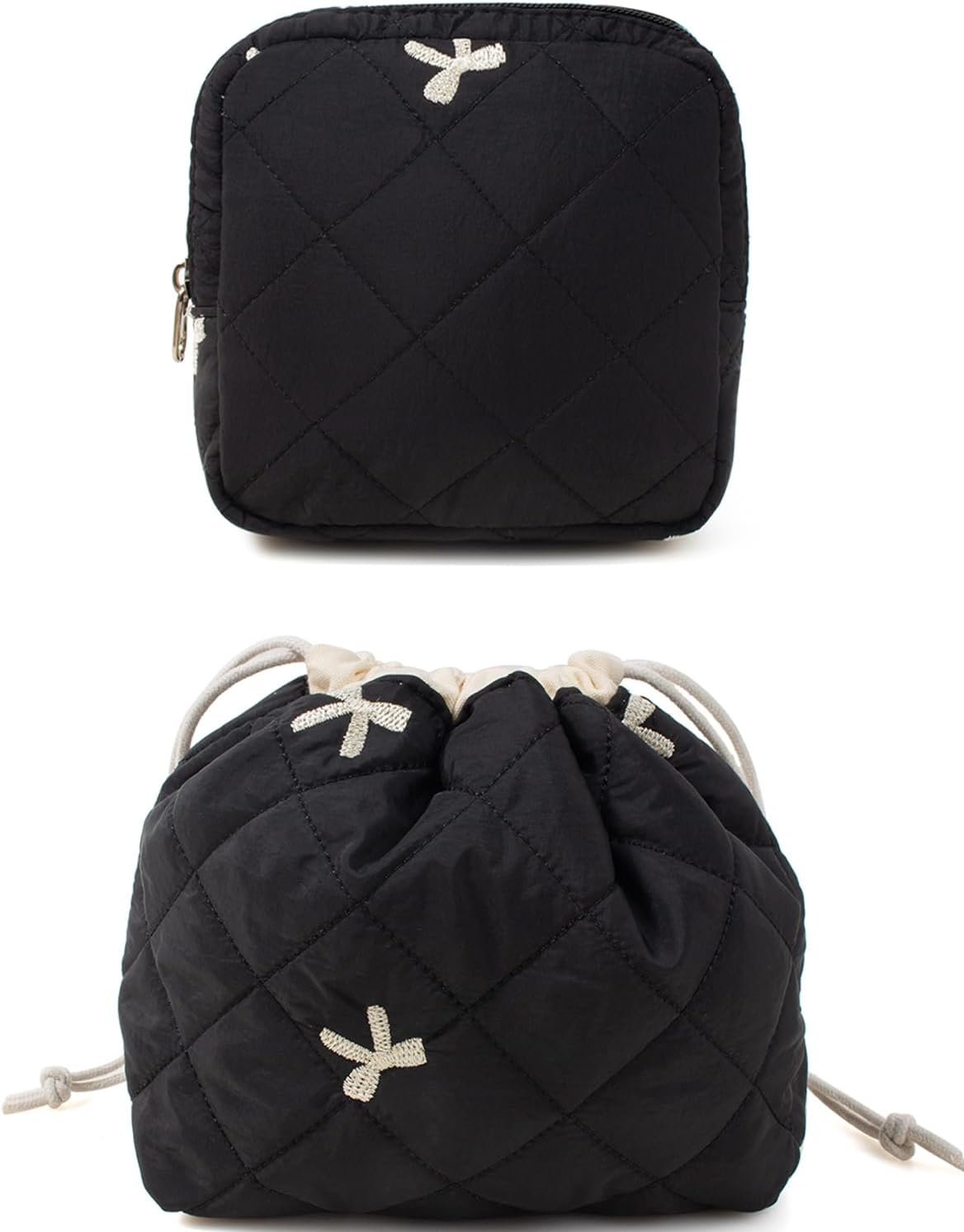 LETGO Cotton Quilted Drawstring Makeup Bag Set,Coquette Aesthetic Cute Travel Toiletry Bag,Drawstring Gift Bag Purse Pouch for Women and Girls(Black Bow)