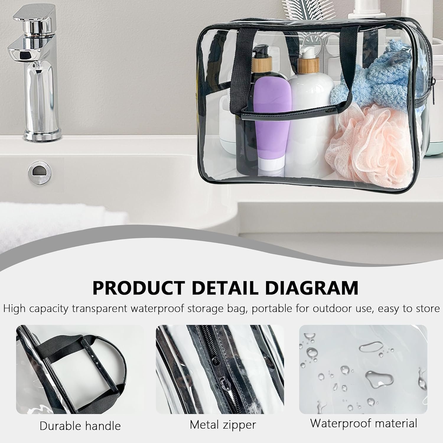 Private Label Large Clear PVC Transparent Zipper Cosmetic Pouch Travel Makeup Bag with Custom Logo Black Handle Toiletry Organizer Supplier