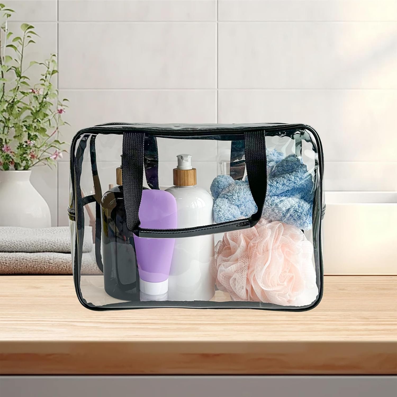 Private Label Large Clear PVC Transparent Zipper Cosmetic Pouch Travel Makeup Bag with Custom Logo Black Handle Toiletry Organizer Supplier