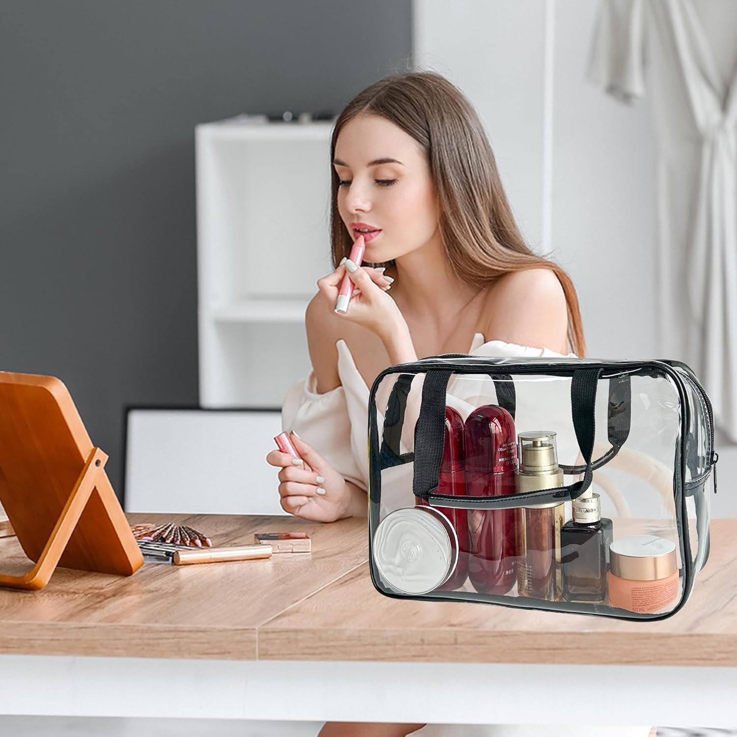 Private Label Large Clear PVC Transparent Zipper Cosmetic Pouch Travel Makeup Bag with Custom Logo Black Handle Toiletry Organizer Supplier