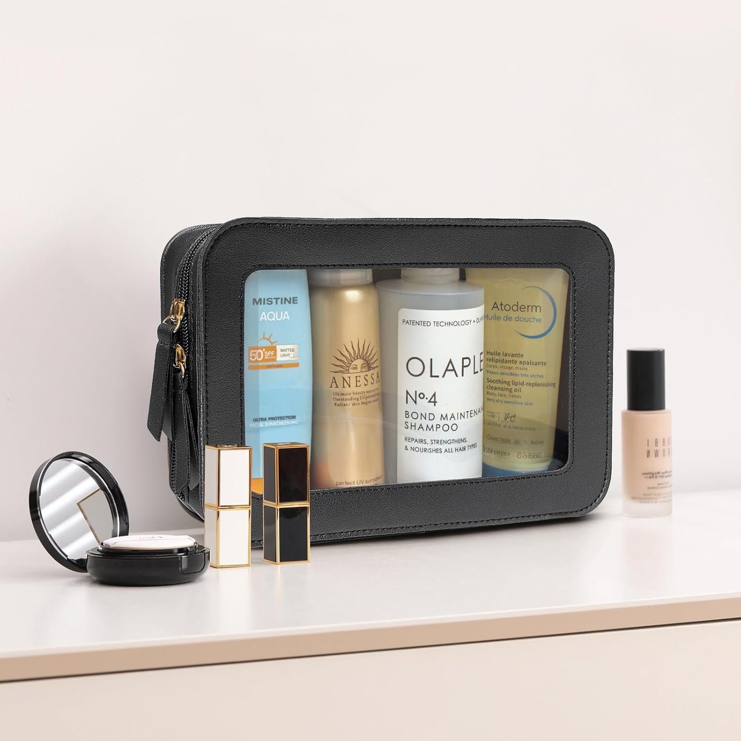 Private Label TSA Approved Clear Makeup Bags with Custom Logo Zipper Toiletry Organizer for Carry-On Travel Car Essentials Portable Small Pouch Supplier for Women Men (Black)