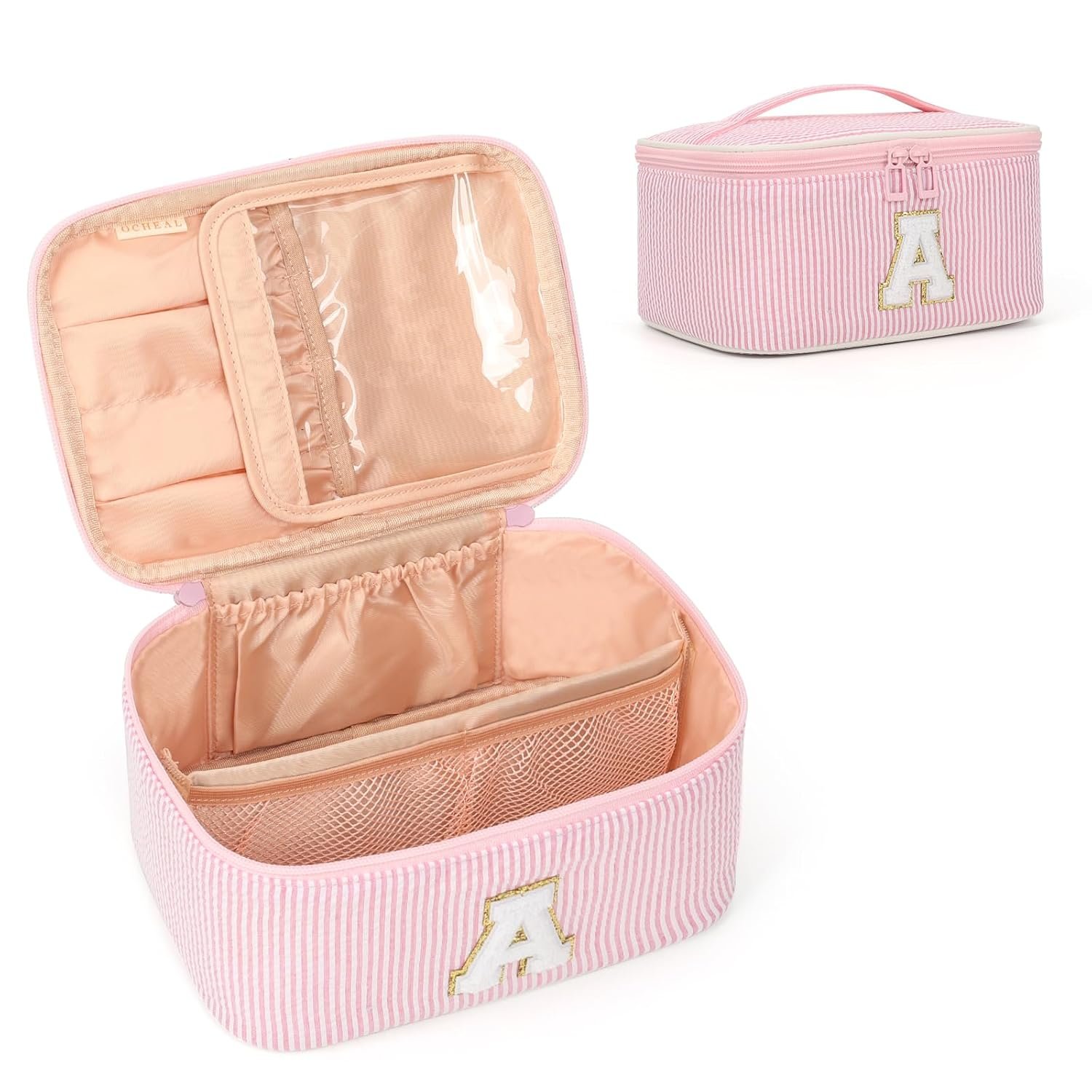 Custom Logo Monogram Makeup Bag Pink Travel Cosmetic Case Toiletry Organizer Private Label Valentines Day Gifts for Women Bridesmaids Personalized Initial A Manufacturer