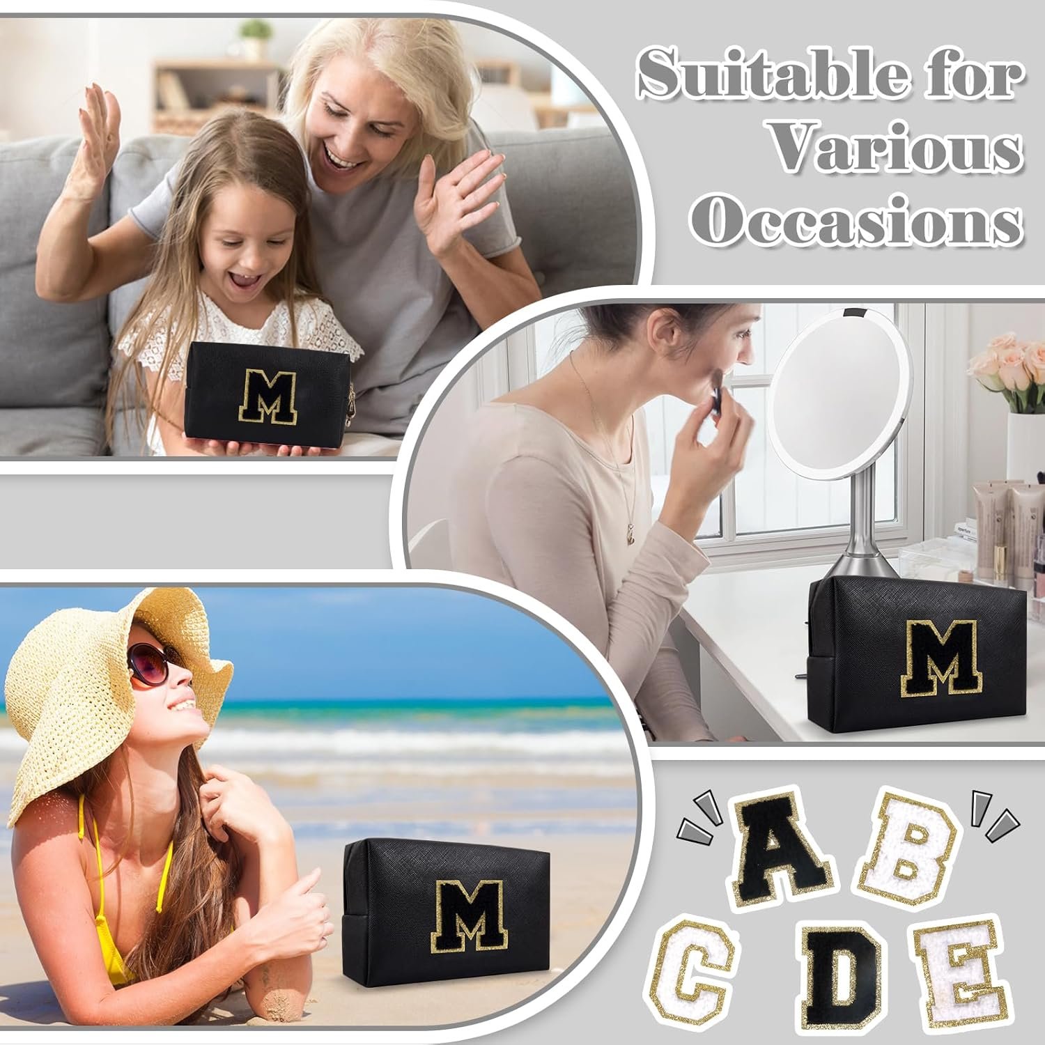 Private Label Small PU Chenille Letter Cosmetic Bag with Zipper Personalized Initial A-Z Preppy Patch Makeup Bag Custom Logo Black Monogram Toiletry Organizer for Teen Girls Women Manufacturer