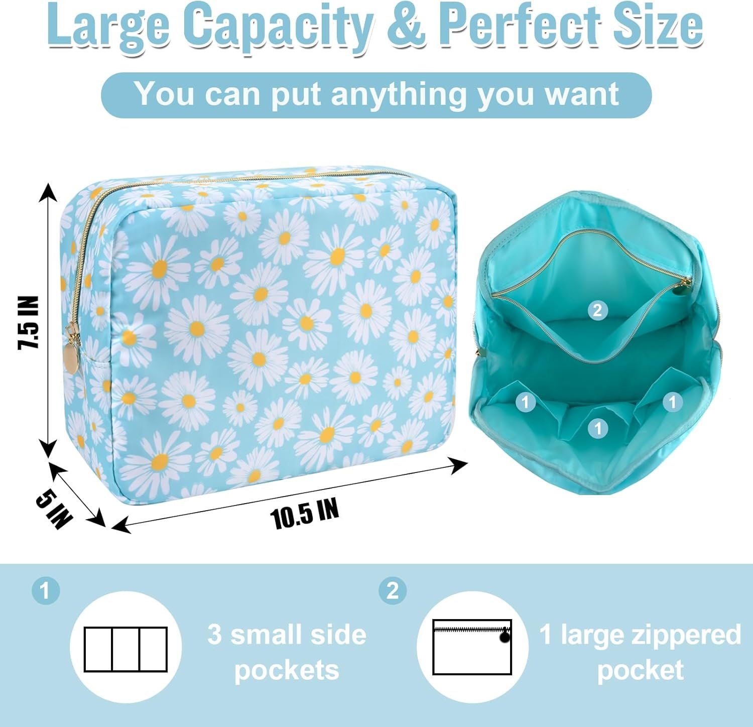 Private Label Large Nylon Floral Makeup Organizer Bag Custom Logo Preppy Big Flower Cosmetic Zipper Pouch Multi-Compartment Dividers Waterproof Toiletry Brushes Travel Bag Women Blue-Daisy Supplier