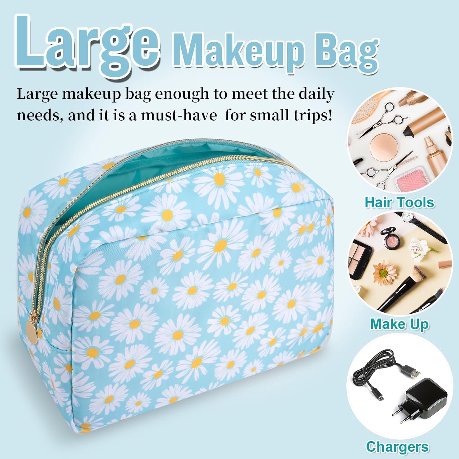 Private Label Large Nylon Floral Makeup Organizer Bag Custom Logo Preppy Big Flower Cosmetic Zipper Pouch Multi-Compartment Dividers Waterproof Toiletry Brushes Travel Bag Women Blue-Daisy Supplier