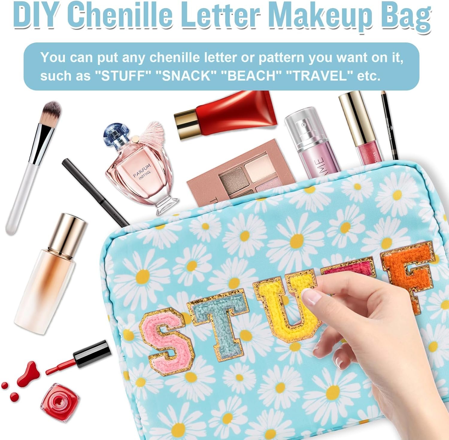 Private Label Large Nylon Floral Makeup Organizer Bag Custom Logo Preppy Big Flower Cosmetic Zipper Pouch Multi-Compartment Dividers Waterproof Toiletry Brushes Travel Bag Women Blue-Daisy Supplier