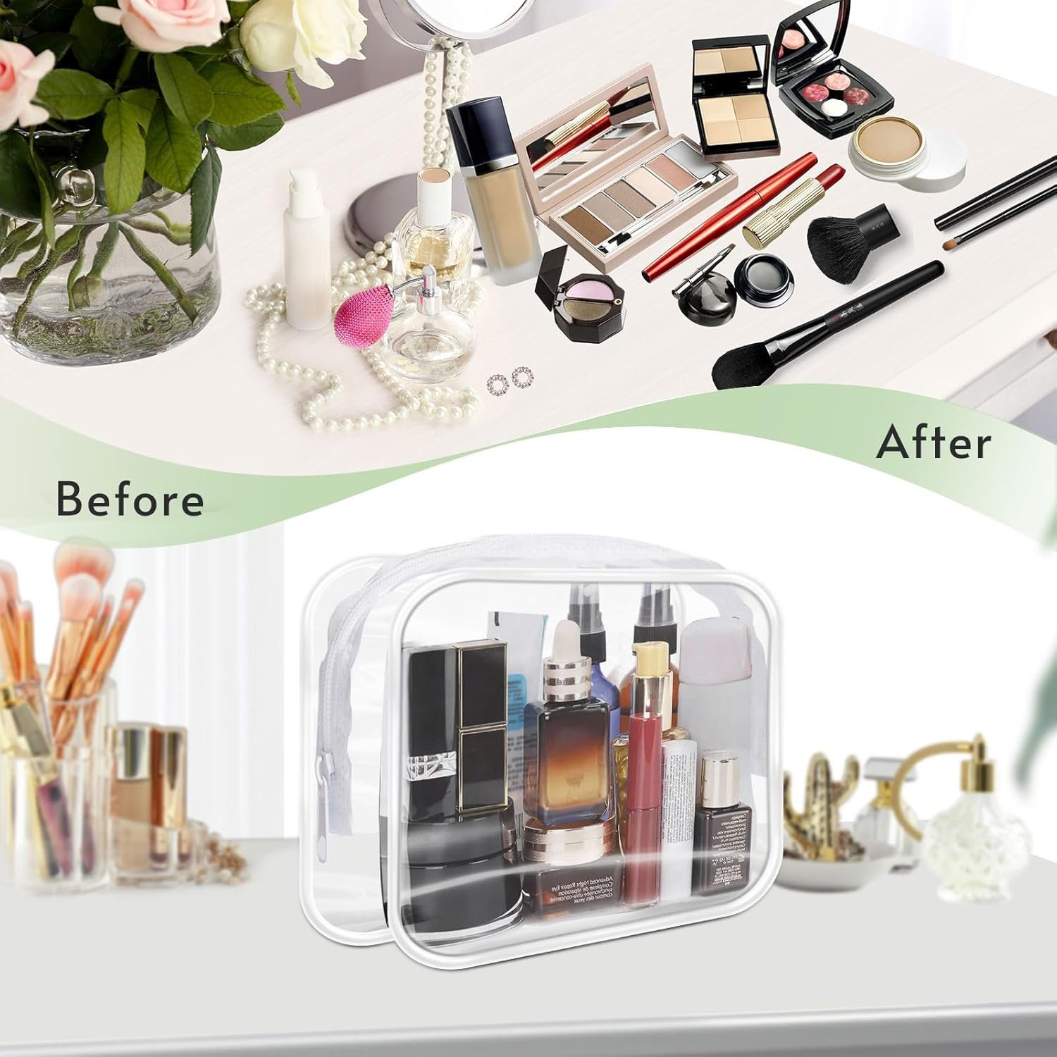 Private Label 16 Pieces TSA Approved Clear Makeup Bags Bulk, Custom Logo Waterproof PVC Small Cosmetic Toiletry Travel Pouches with Zipper White Border Supplier