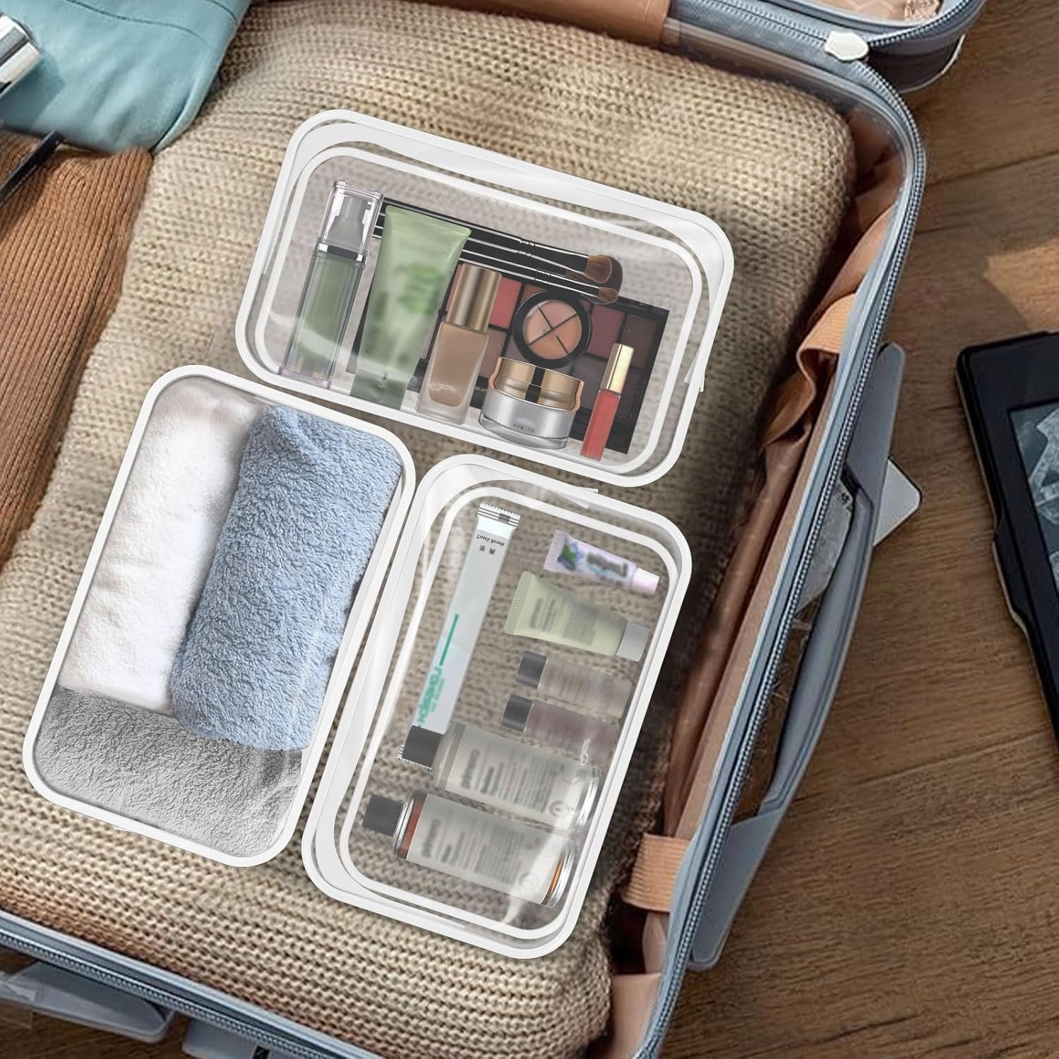 Private Label 16 Pieces TSA Approved Clear Makeup Bags Bulk, Custom Logo Waterproof PVC Small Cosmetic Toiletry Travel Pouches with Zipper White Border Supplier