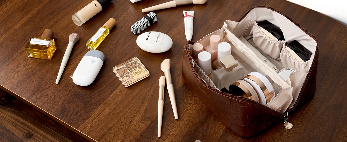 Private Label Waterproof PU Leather Makeup Cosmetic Bags, Travel Toiletry Organizer Pouch with Custom Logo Divider for Women Supplier (Brown)