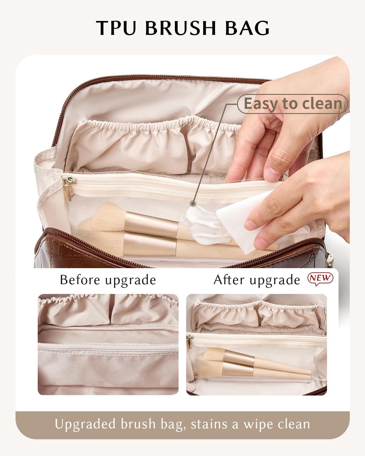 Private Label Waterproof PU Leather Makeup Cosmetic Bags, Travel Toiletry Organizer Pouch with Custom Logo Divider for Women Supplier (Brown)