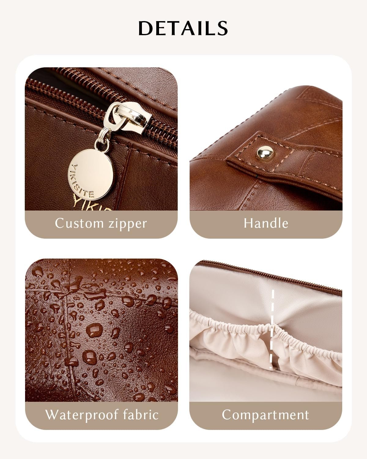 Private Label Waterproof PU Leather Makeup Cosmetic Bags, Travel Toiletry Organizer Pouch with Custom Logo Divider for Women Supplier (Brown)