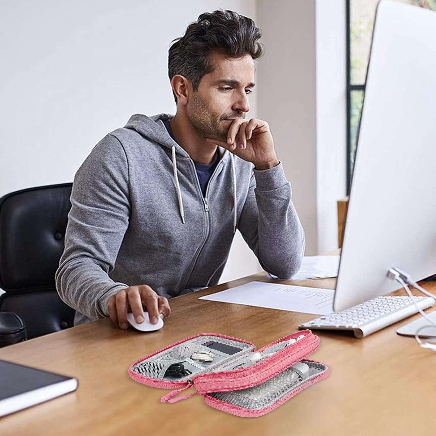 Custom Logo Waterproof Electronic Organizer Travel Case Private Label Cable Organizer Cord Pouches Double Layers Storage Bag for Accessories Charger Cables Pink Supplier