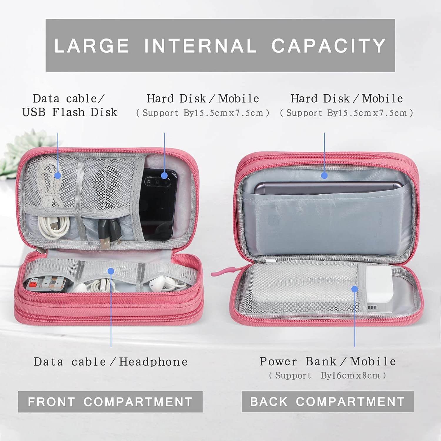 Custom Logo Waterproof Electronic Organizer Travel Case Private Label Cable Organizer Cord Pouches Double Layers Storage Bag for Accessories Charger Cables Pink Supplier
