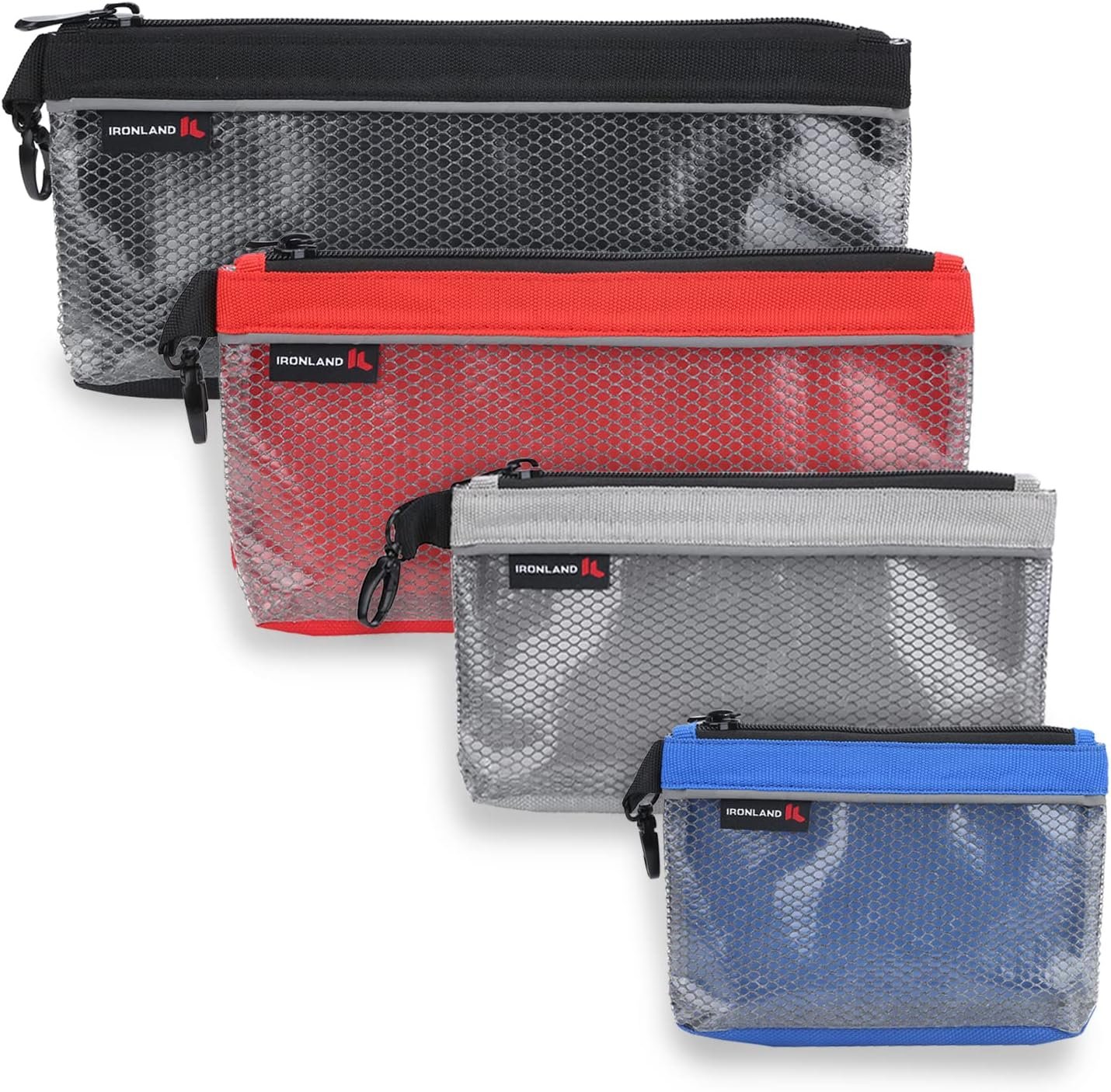 IRONLAND Zipper Pouches, Small Tools Bag, Waterproof Mesh Pouches, Tool Zipper Pouch, Travel Pouch, Clear Cosmetic Bag Case 4 Pack