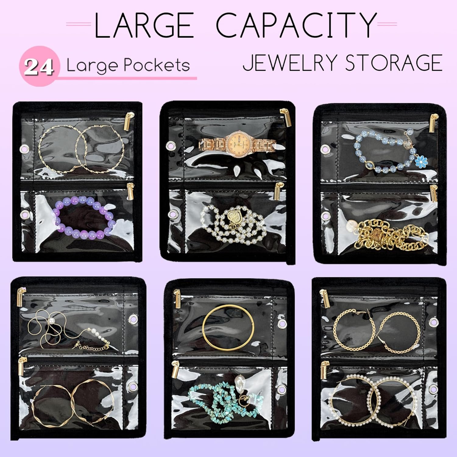 Private Label Travel Jewelry Organizer Case Manufacturer with 24 Pcs Clear Zipper Velvet Custom Logo Pouches for Earrings Rings Necklace Bracelet Watch (Black)
