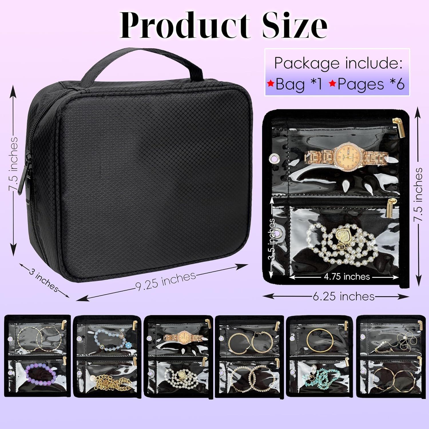 Private Label Travel Jewelry Organizer Case Manufacturer with 24 Pcs Clear Zipper Velvet Custom Logo Pouches for Earrings Rings Necklace Bracelet Watch (Black)