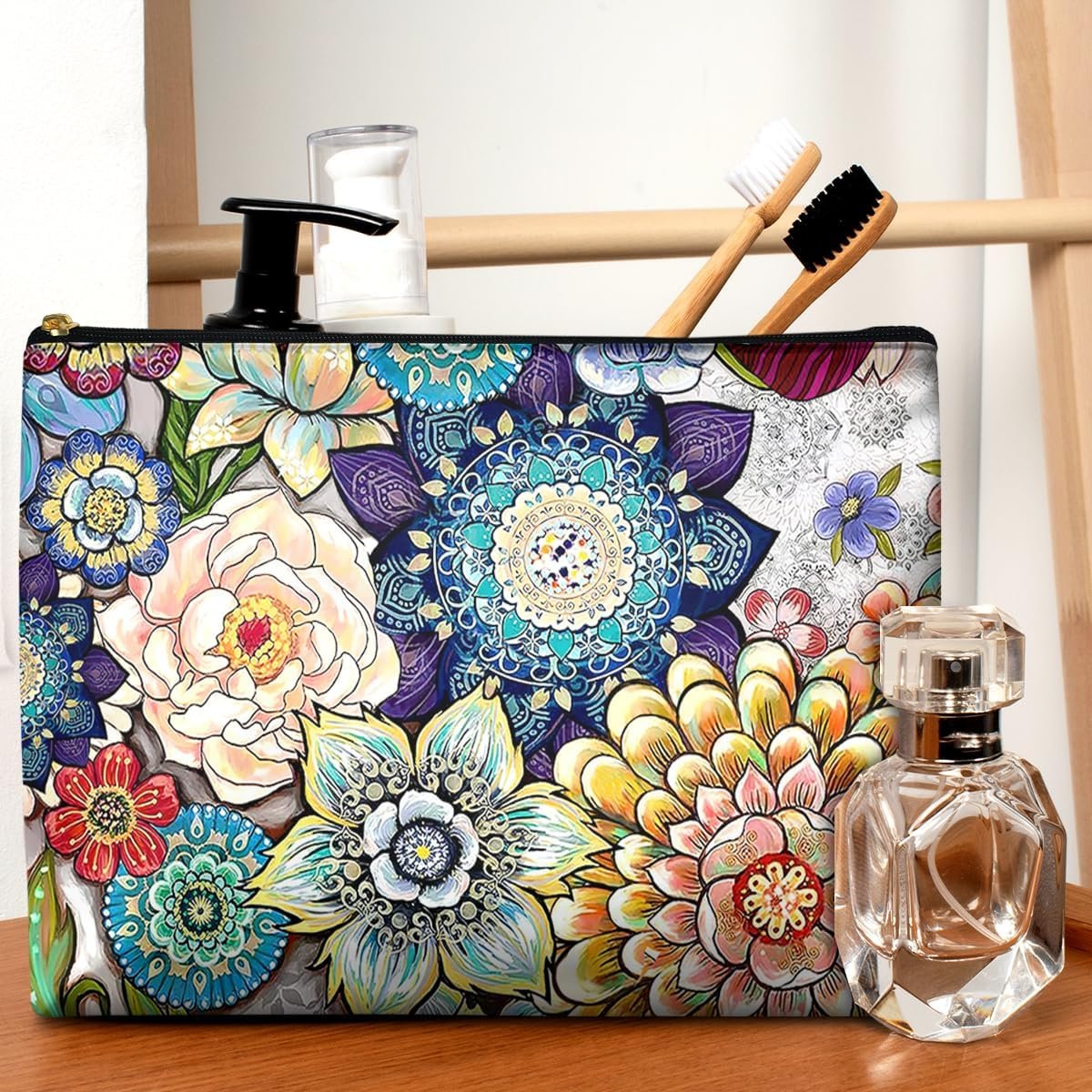 Custom Logo Waterproof Cute Makeup Bags for Women Funny Boho Floral Private Label Cosmetic Travel Toiletry Pouch Smooth Zipper Supplier 10x8 Inches