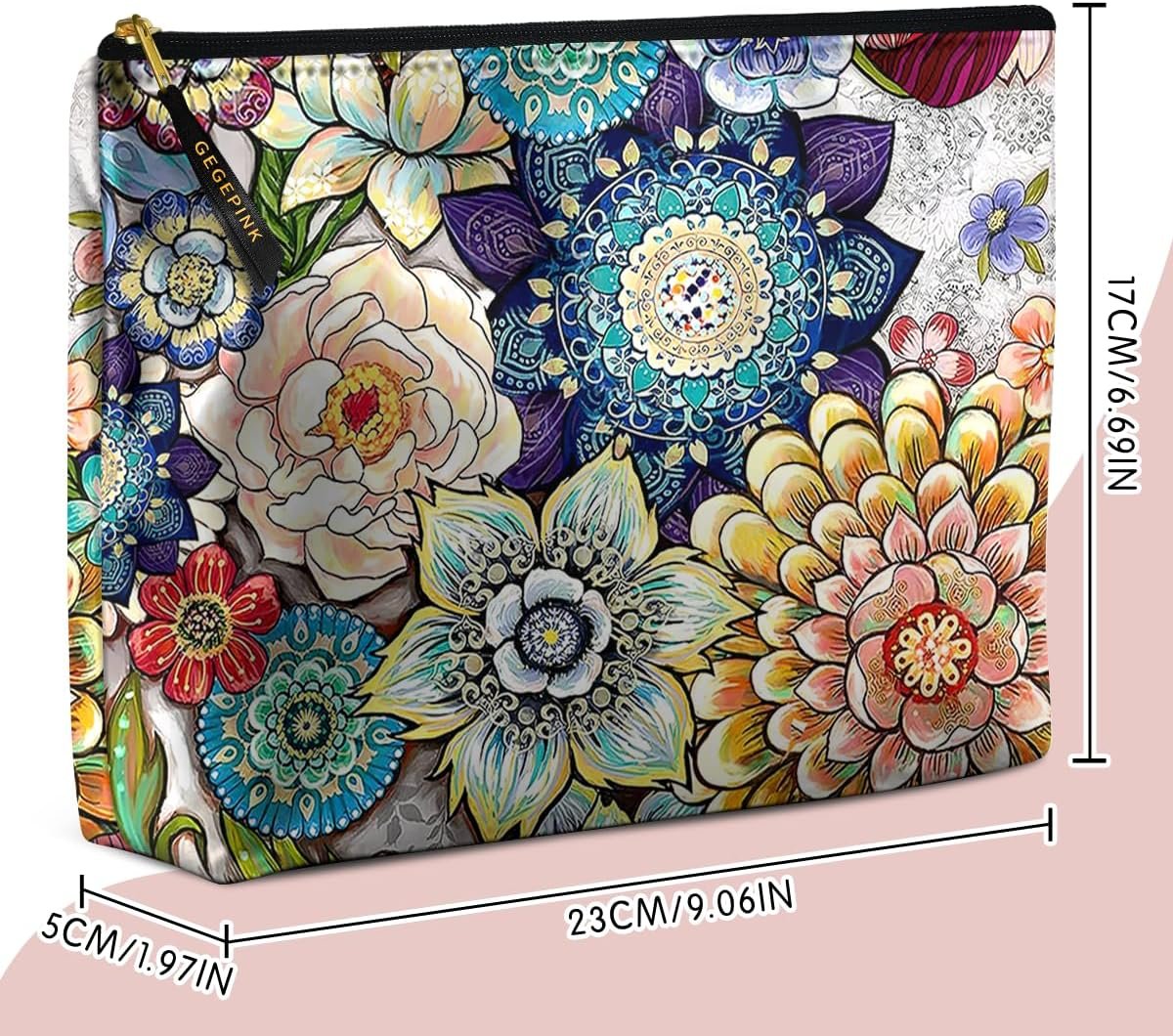 Custom Logo Waterproof Cute Makeup Bags for Women Funny Boho Floral Private Label Cosmetic Travel Toiletry Pouch Smooth Zipper Supplier 10x8 Inches