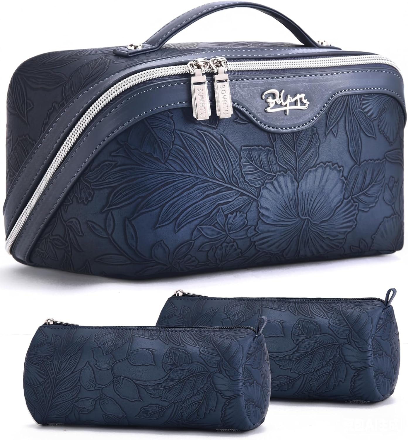 BOYATU Travel Makeup Bags Cosmetic Organizer Bag: 3-Set Large Capacity Make up Bag - PU Leather Toiletry Bags for Women - Wide Open Portable Pouch with Divider & Handle (02-Dark Blue)
