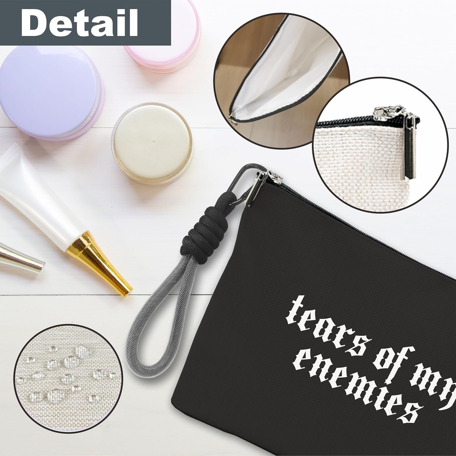 Custom Logo Makeup Cosmetic Bag with Hand Strap Gothic Tears of My Enemies, Private Label Lined Toiletry Bag for Women, Black Zipper Organizer Travel Pouch Manufacturer