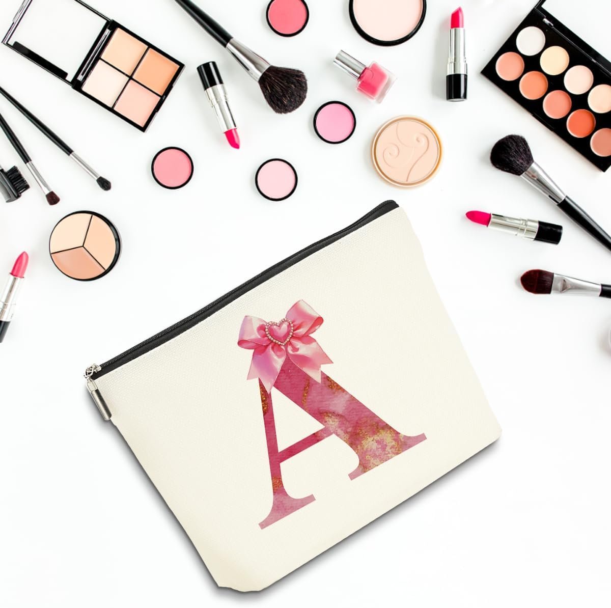 Private Label Personalized Initial Monogram Bow Makeup Bag Travel Toiletry Cosmetic Pouch Preppy Organizer Custom Logo Pink Mother's Day Wedding Birthday Gifts for Women Sisters Teachers Girls Supplier