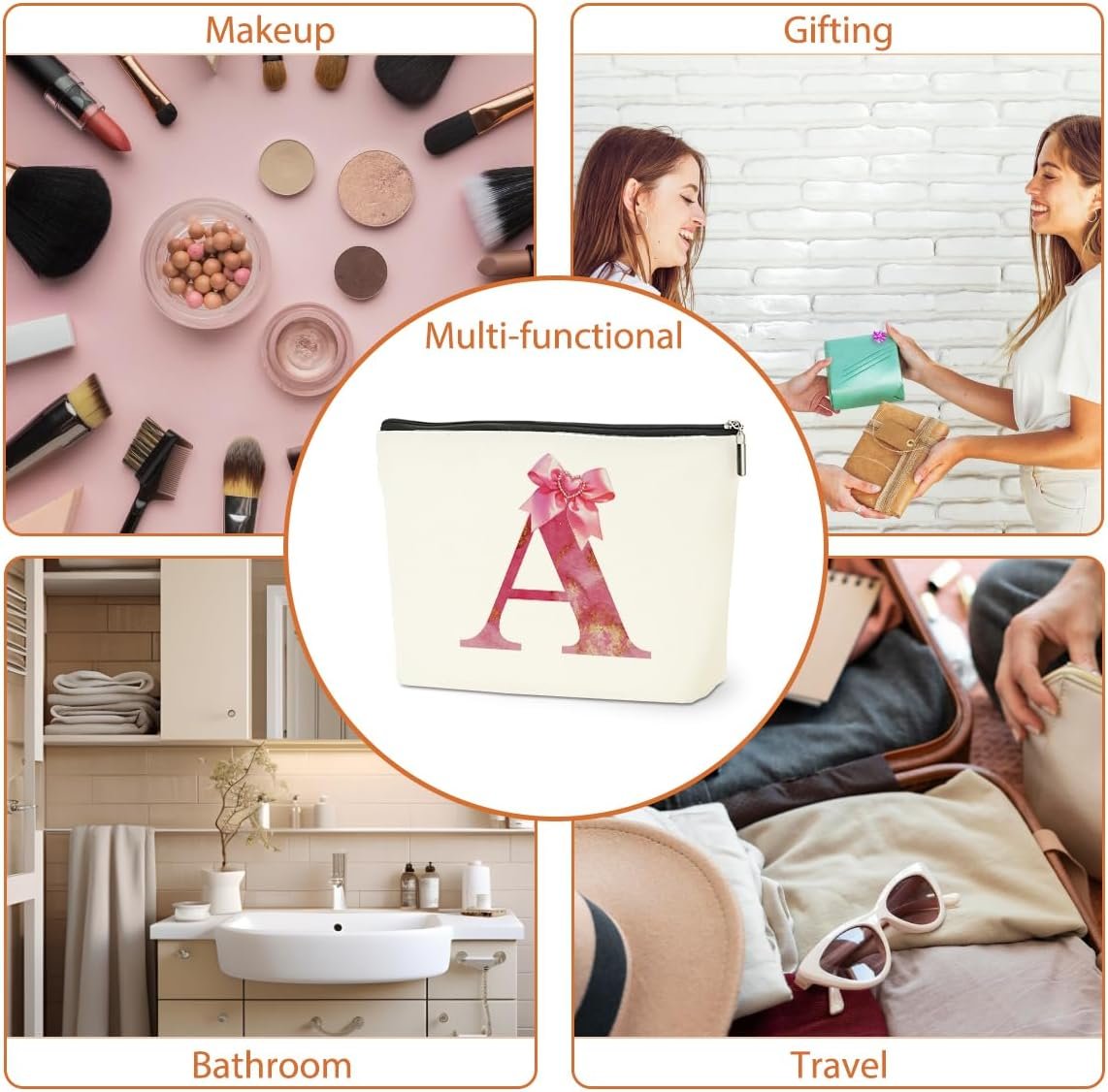 Private Label Personalized Initial Monogram Bow Makeup Bag Travel Toiletry Cosmetic Pouch Preppy Organizer Custom Logo Pink Mother's Day Wedding Birthday Gifts for Women Sisters Teachers Girls Supplier