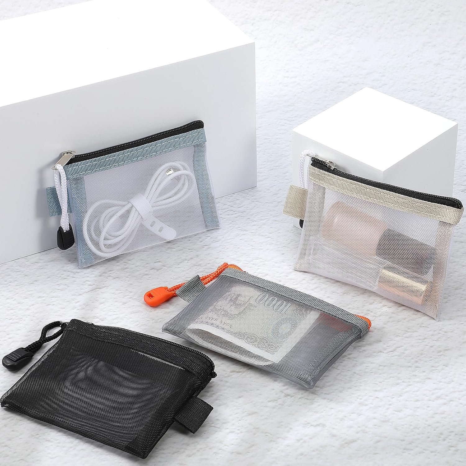 Custom Logo Small Nylon Mesh Zipper Pouches 4 Pack Portable Lightweight Private Label for Coin Key Card Lipstick Earphone Credit Card Black Gray Khaki Blue Manufacturer