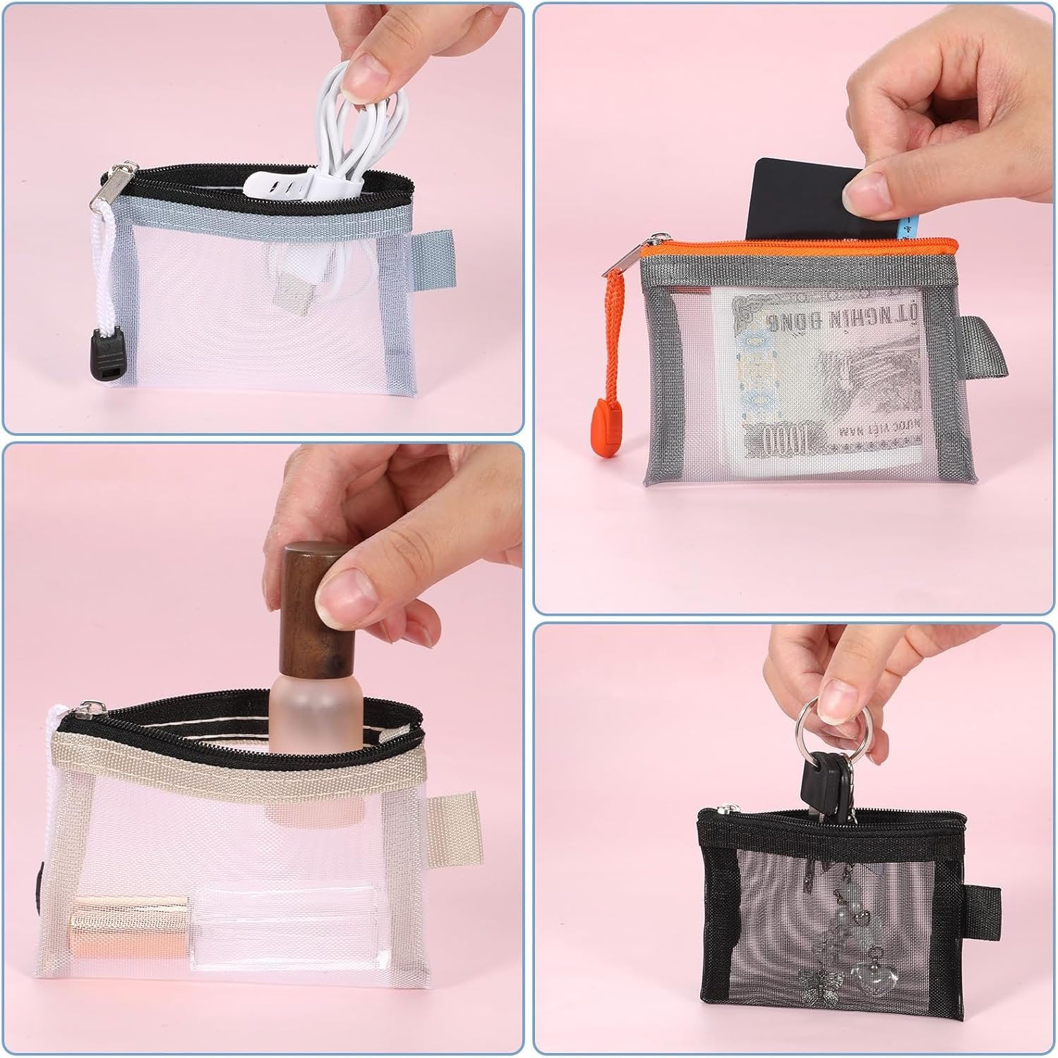 Custom Logo Small Nylon Mesh Zipper Pouches 4 Pack Portable Lightweight Private Label for Coin Key Card Lipstick Earphone Credit Card Black Gray Khaki Blue Manufacturer