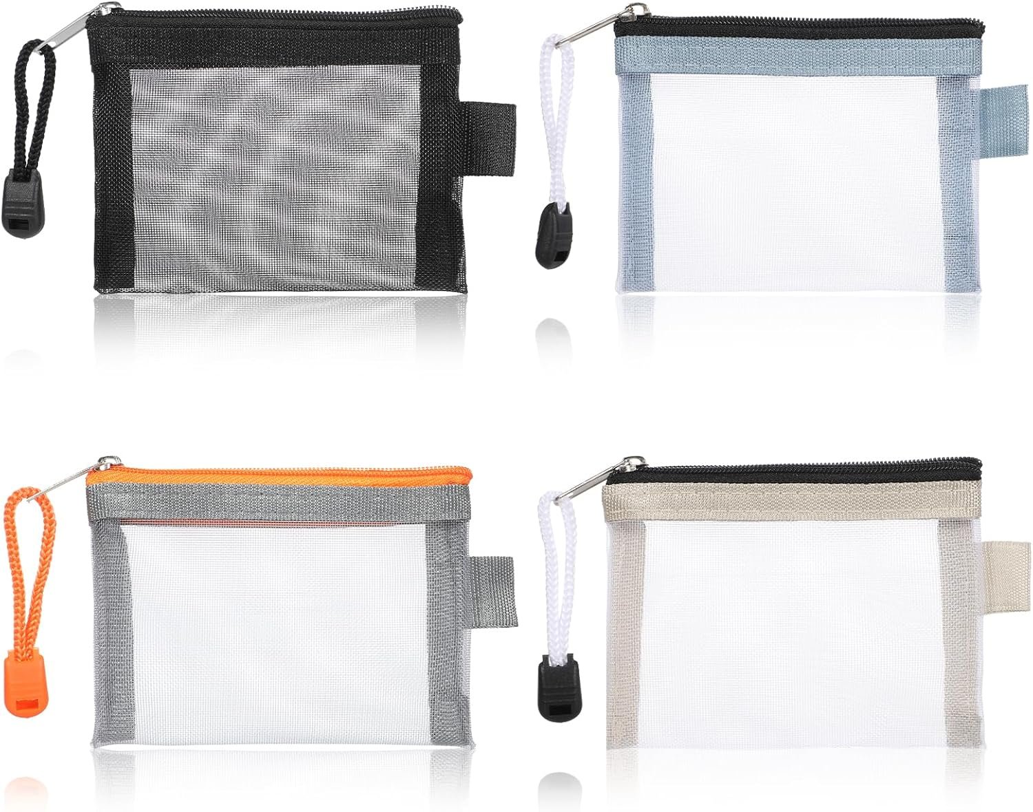 Larrel Small Zipper Pouch, Portable Lightweight Mesh Zipper Pouch Bags 4 Pack Nylon Small Pouches With Zippers for Coin Key Card Lipstick Earphone Credit Car (Black Gray Khaki Blue)