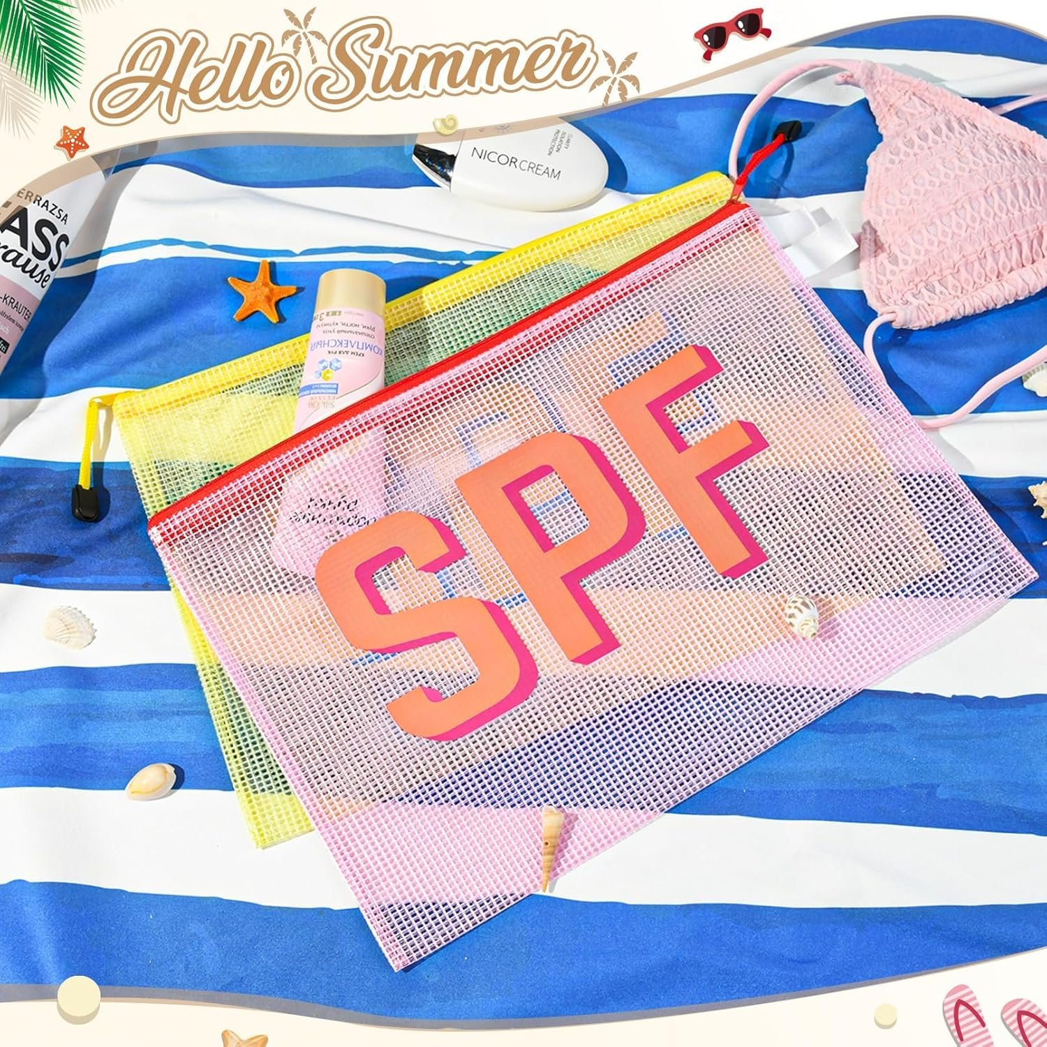 Private Label 8PCS Clear Zippered SPF Makeup Bags Custom Logo Cosmetic Pouches Waterproof Travel Toiletry Organizers for Women Varsity Letter Patch Beach Pool Essentials Supplier