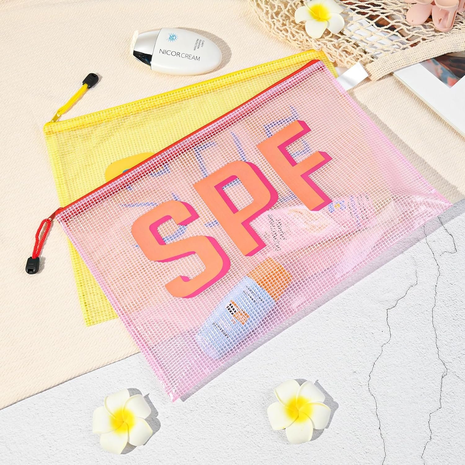 Private Label 8PCS Clear Zippered SPF Makeup Bags Custom Logo Cosmetic Pouches Waterproof Travel Toiletry Organizers for Women Varsity Letter Patch Beach Pool Essentials Supplier