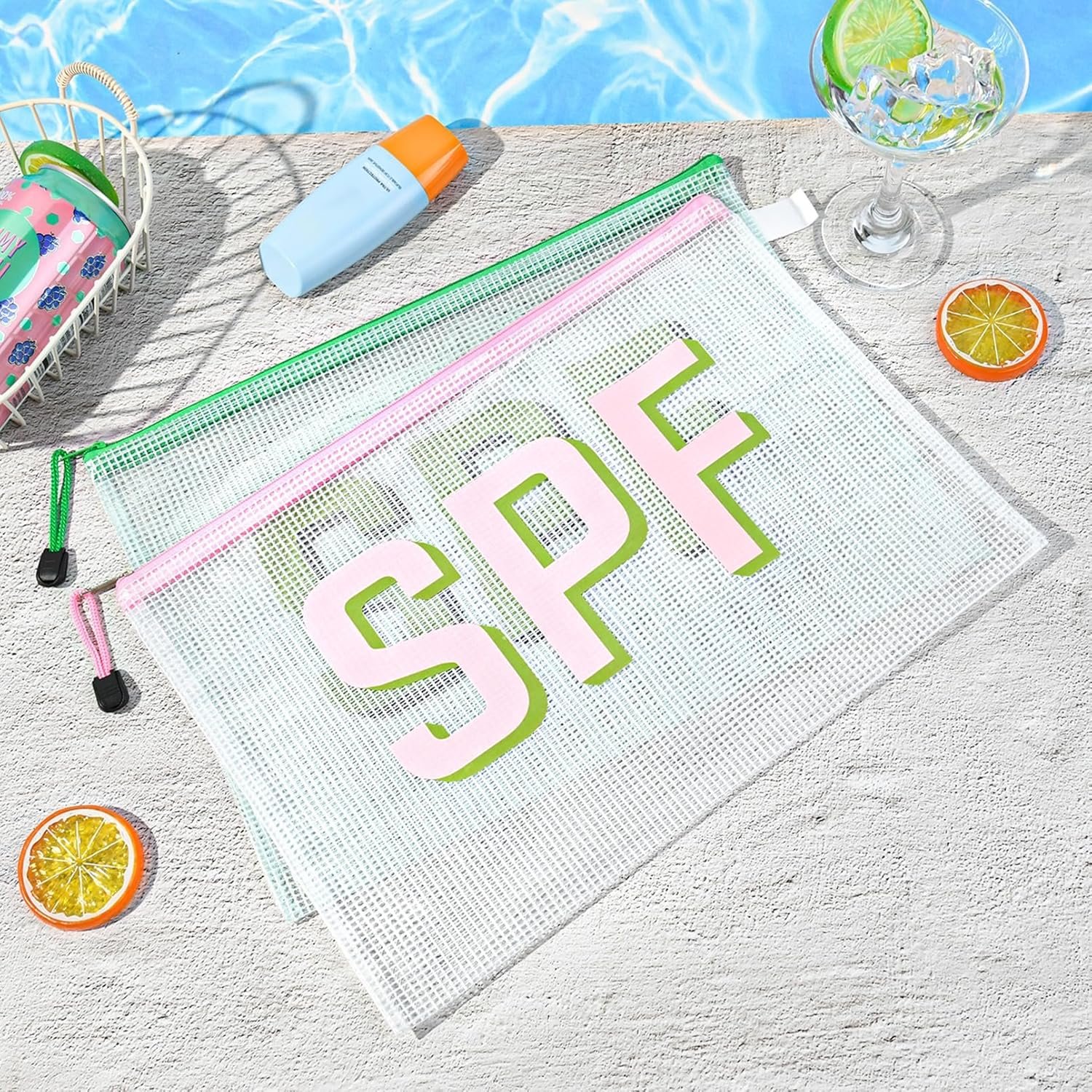 Private Label 8PCS Clear Zippered SPF Makeup Bags Custom Logo Cosmetic Pouches Waterproof Travel Toiletry Organizers for Women Varsity Letter Patch Beach Pool Essentials Supplier