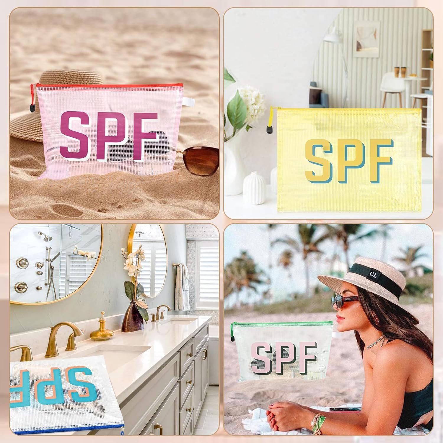 Private Label 8PCS Clear Zippered SPF Makeup Bags Custom Logo Cosmetic Pouches Waterproof Travel Toiletry Organizers for Women Varsity Letter Patch Beach Pool Essentials Supplier