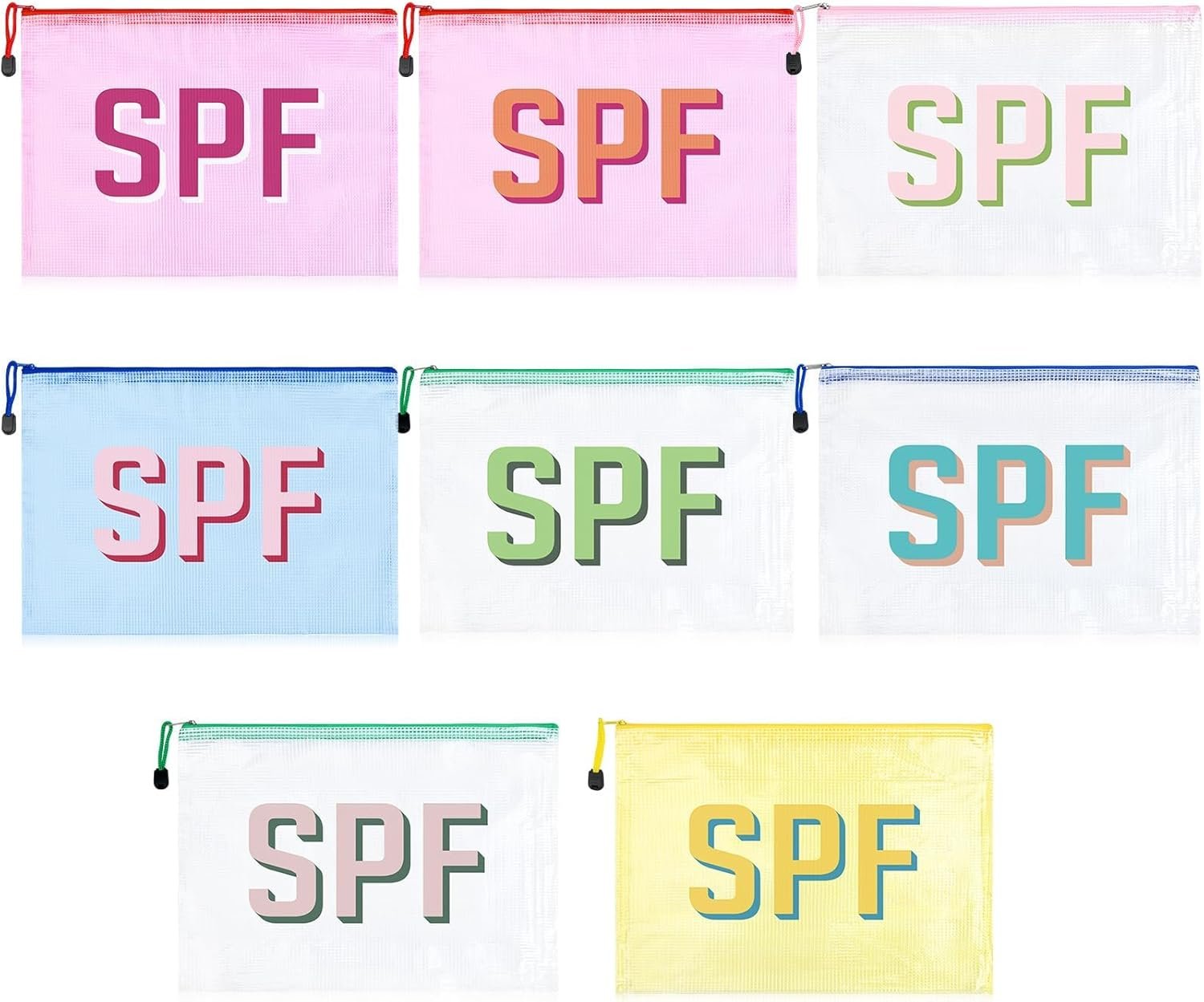 Private Label 8PCS Clear Zippered SPF Makeup Bags Custom Logo Cosmetic Pouches Waterproof Travel Toiletry Organizers for Women Varsity Letter Patch Beach Pool Essentials Supplier