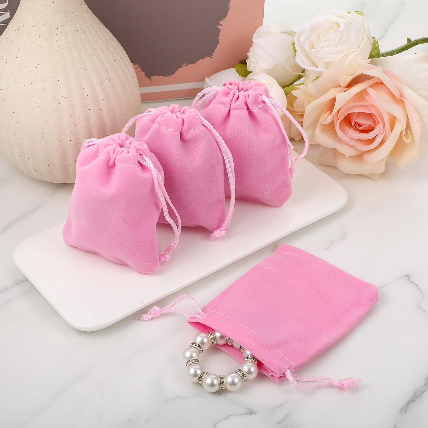 Private Label 20Pcs Small Pink Velvet Jewelry Pouches with Drawstring Custom Logo Gift Bags for Wedding Candy Party Favors Supplier (2.75''x3.66'')
