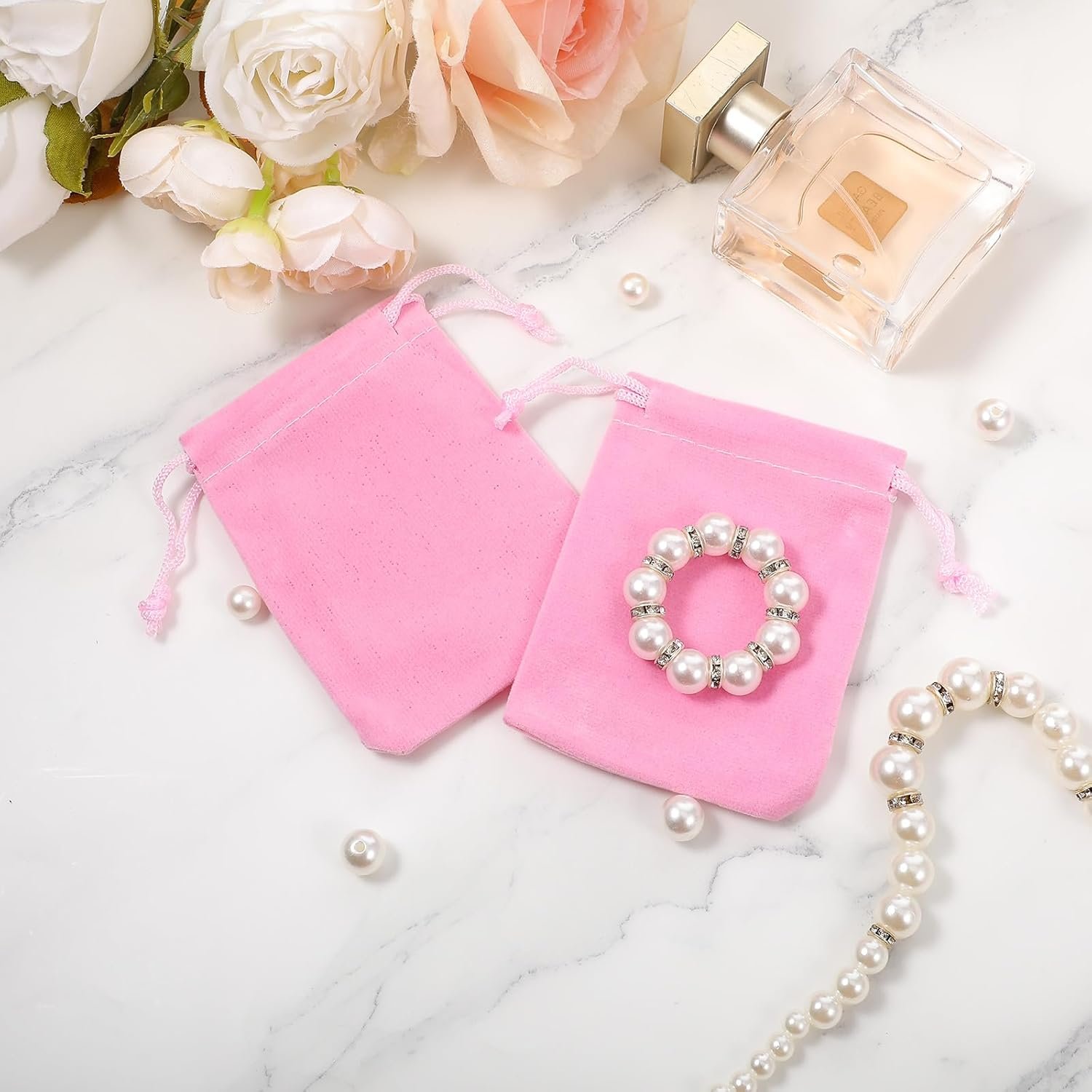 Private Label 20Pcs Small Pink Velvet Jewelry Pouches with Drawstring Custom Logo Gift Bags for Wedding Candy Party Favors Supplier (2.75''x3.66'')