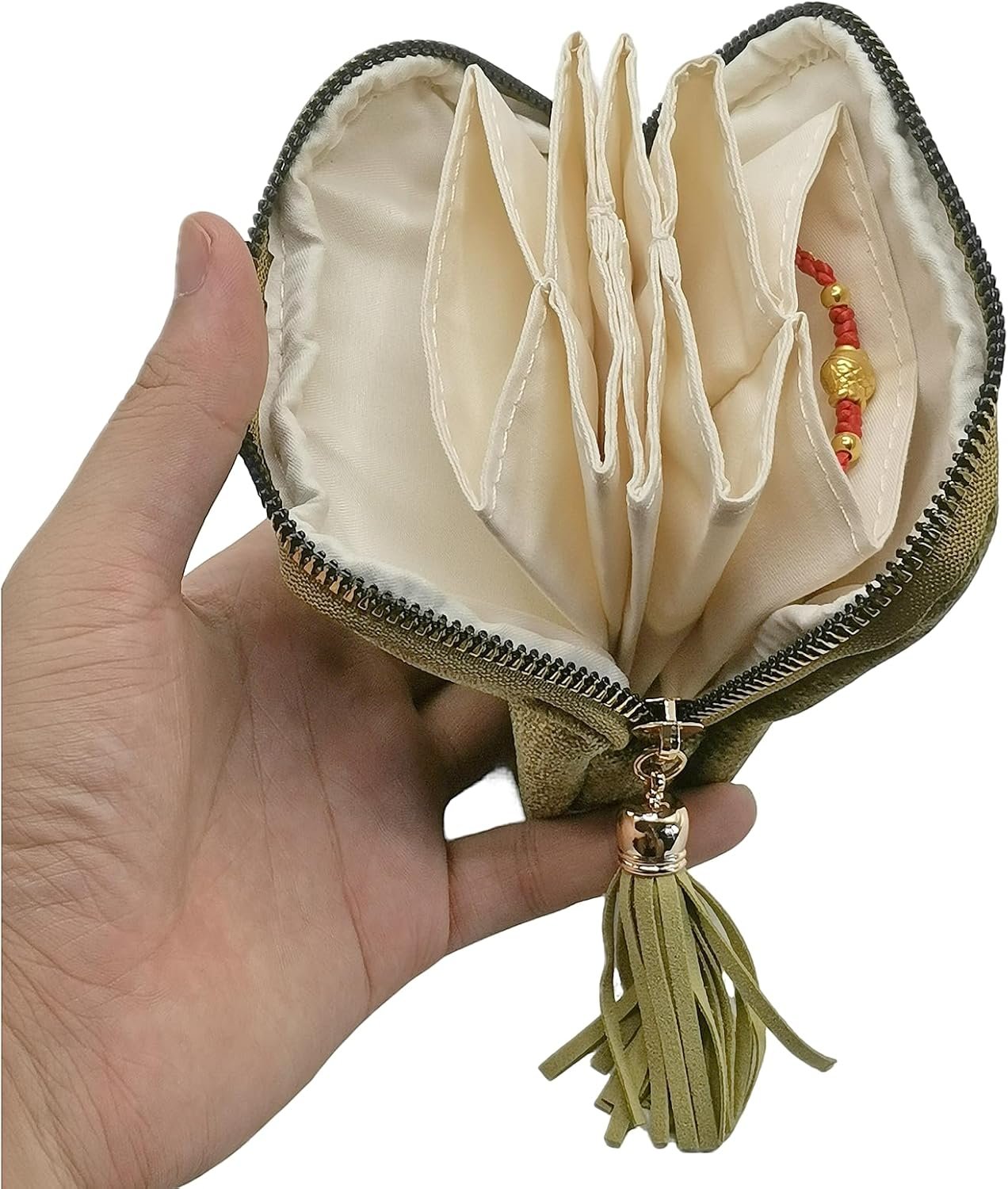 Private Label Small Travel Jewelry Case - Custom Logo Organizer Bag with Tassel Zipper for Bracelets Necklaces Bangles Olive Green - Manufacturer Storage Gift for Women Girls