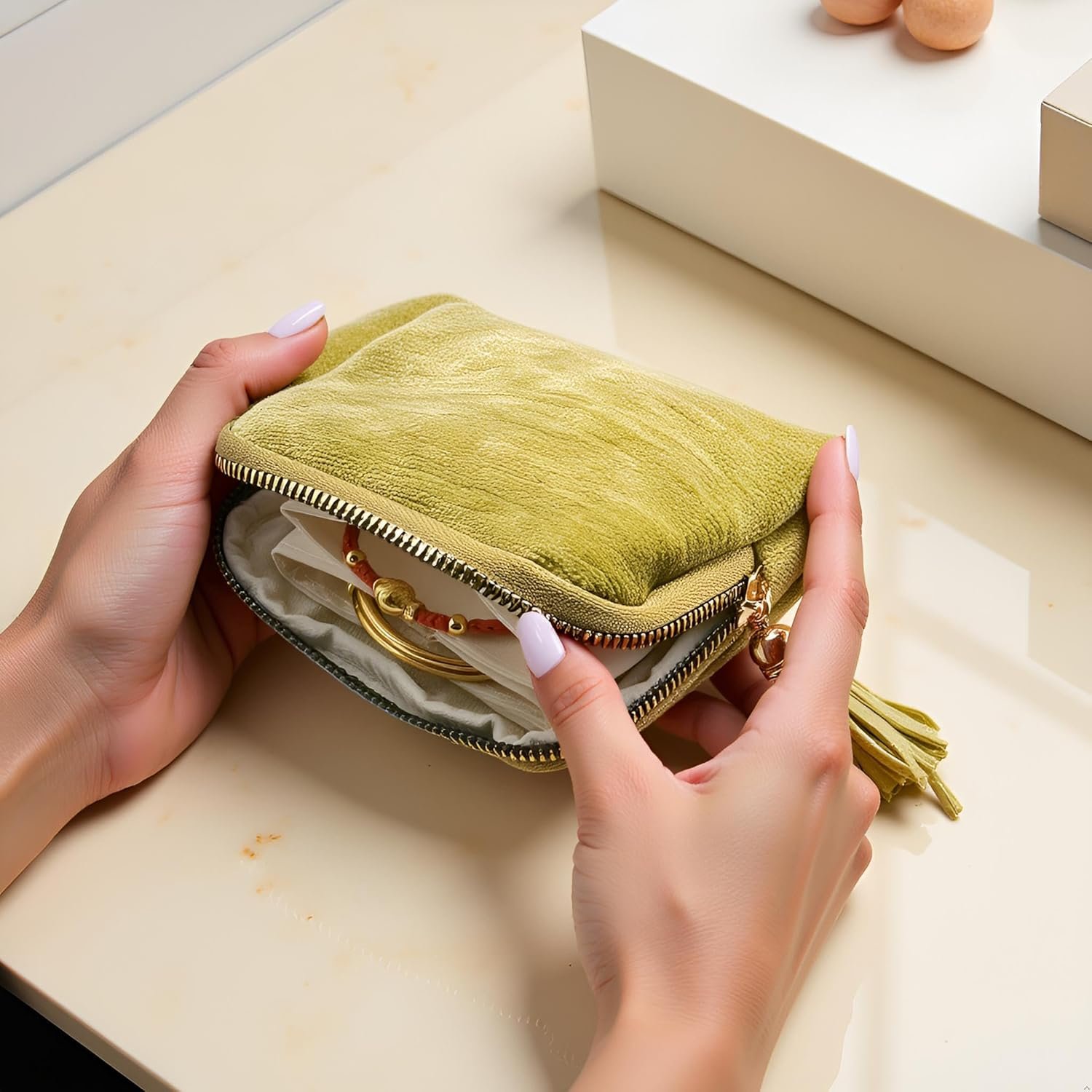 Private Label Small Travel Jewelry Case - Custom Logo Organizer Bag with Tassel Zipper for Bracelets Necklaces Bangles Olive Green - Manufacturer Storage Gift for Women Girls