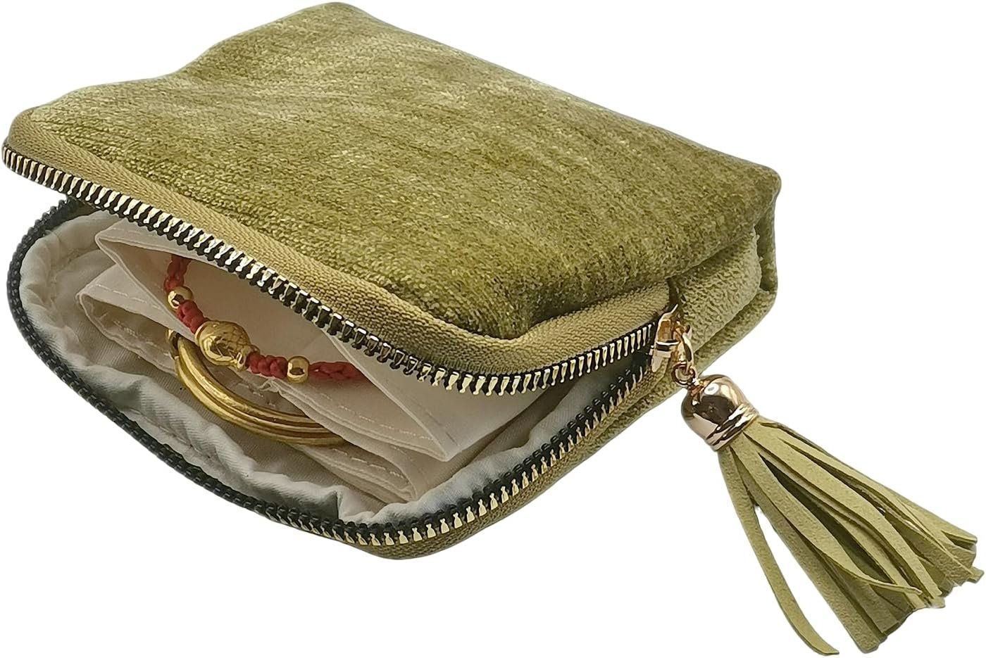 Private Label Small Travel Jewelry Case - Custom Logo Organizer Bag with Tassel Zipper for Bracelets Necklaces Bangles Olive Green - Manufacturer Storage Gift for Women Girls